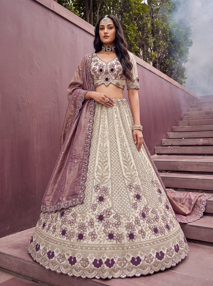 Off White Dusty Rose Silk Lehenga Choli