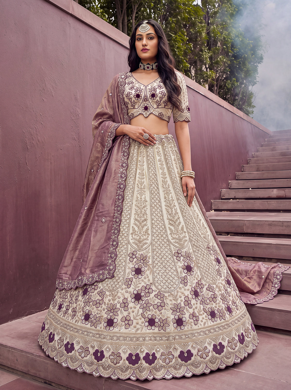 Off White Dusty Rose Silk Lehenga Choli