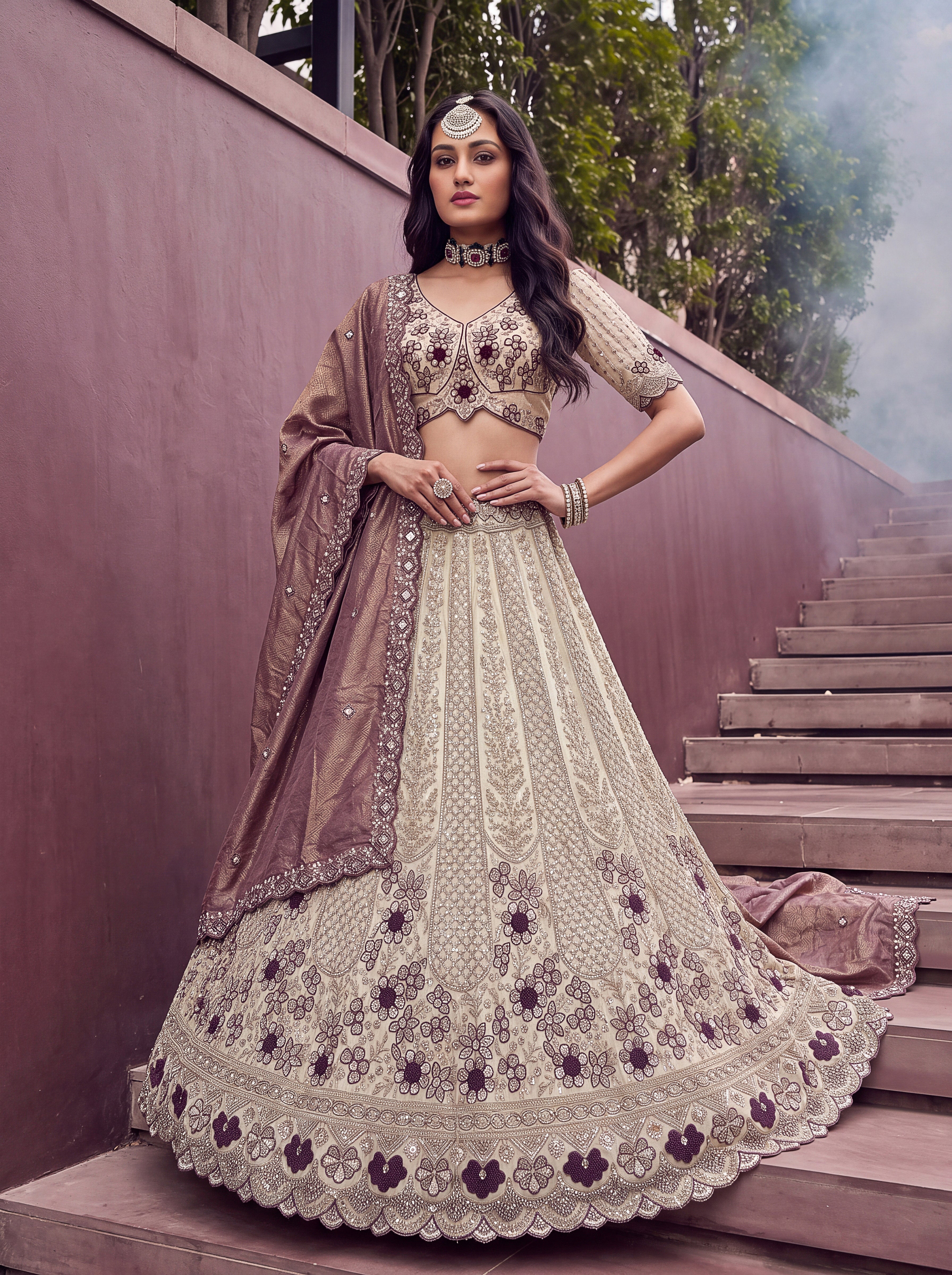 Off White Dusty Rose Silk Lehenga Choli