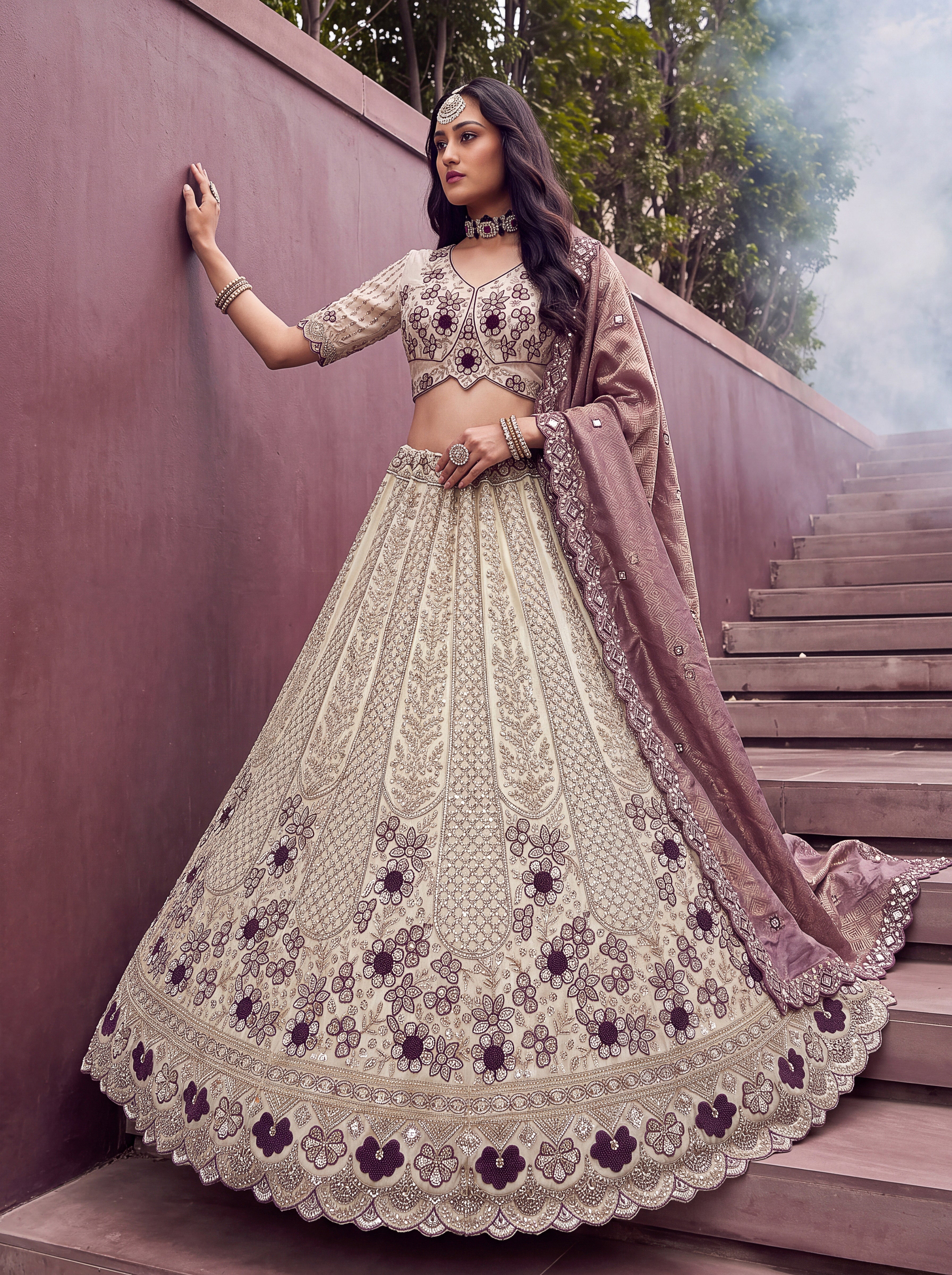 Off White Dusty Rose Silk Lehenga Choli