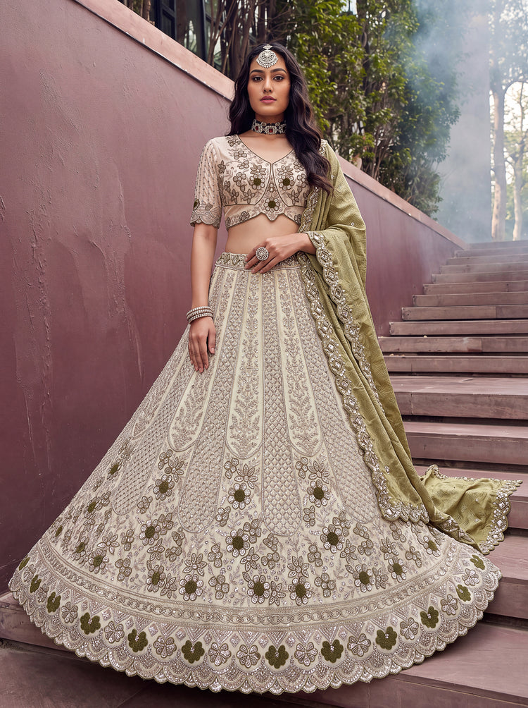 Off White Green Silk Lehenga Choli