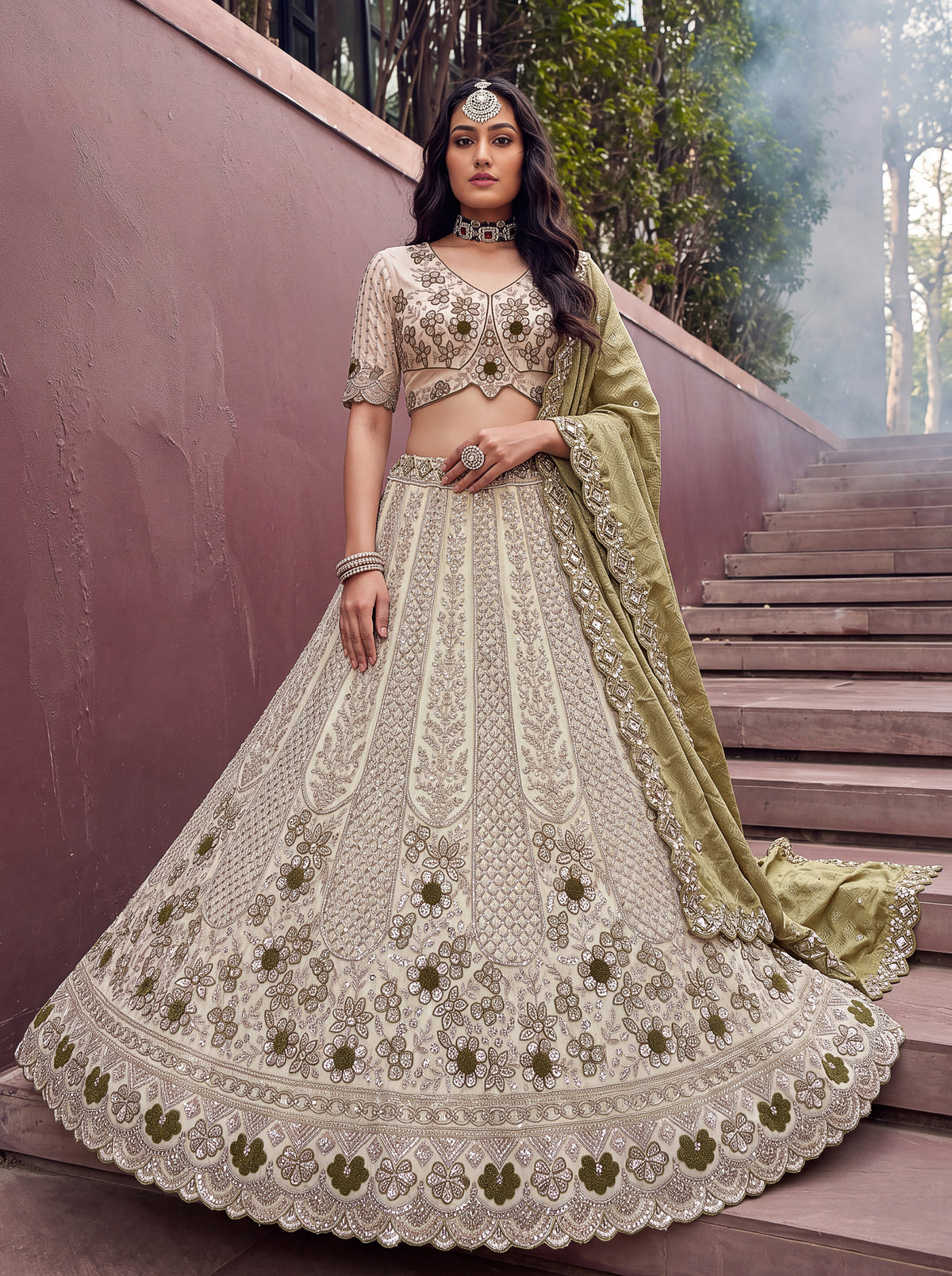 Off White Green Silk Lehenga Choli
