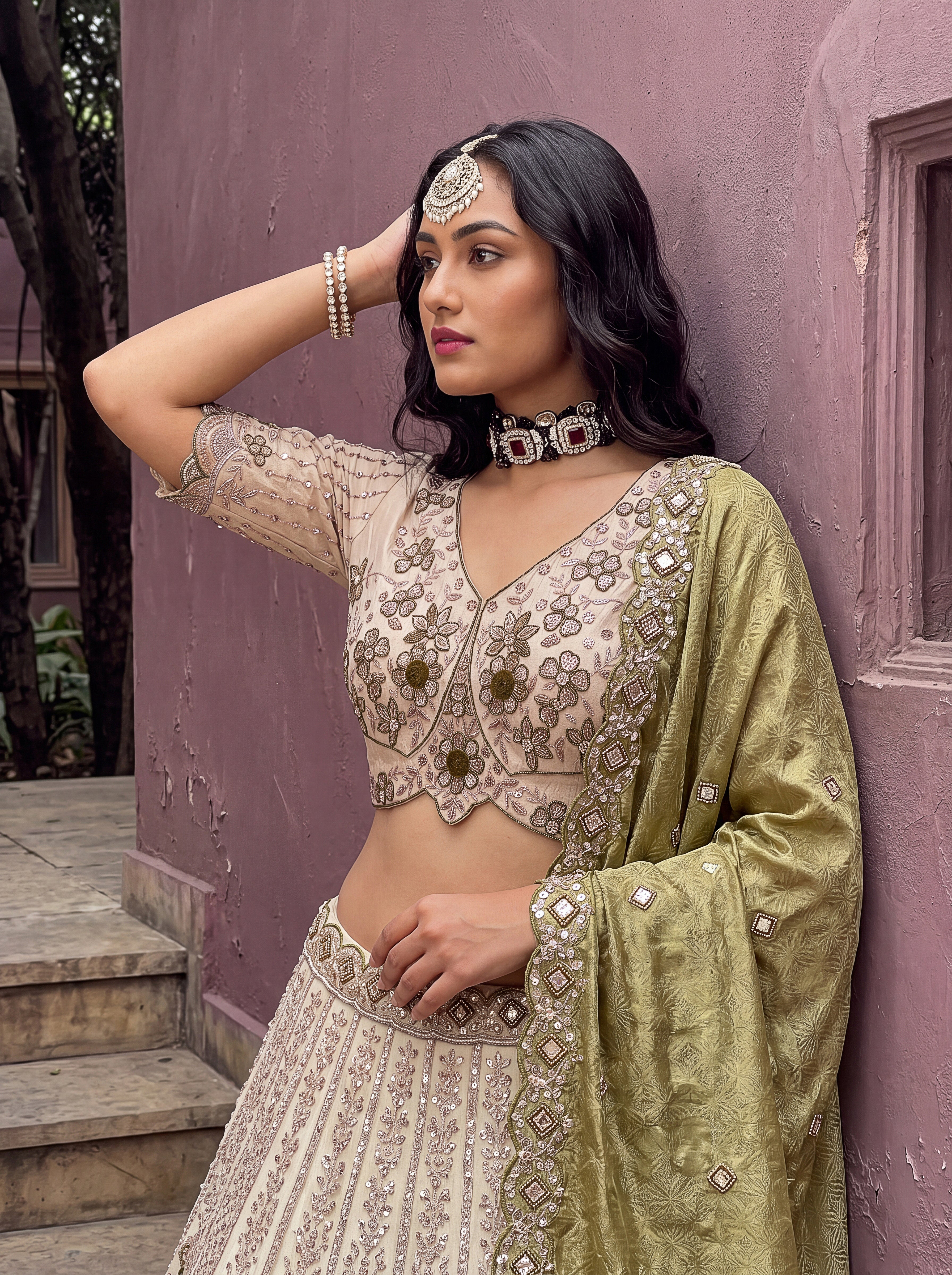 Off White Green Silk Lehenga Choli