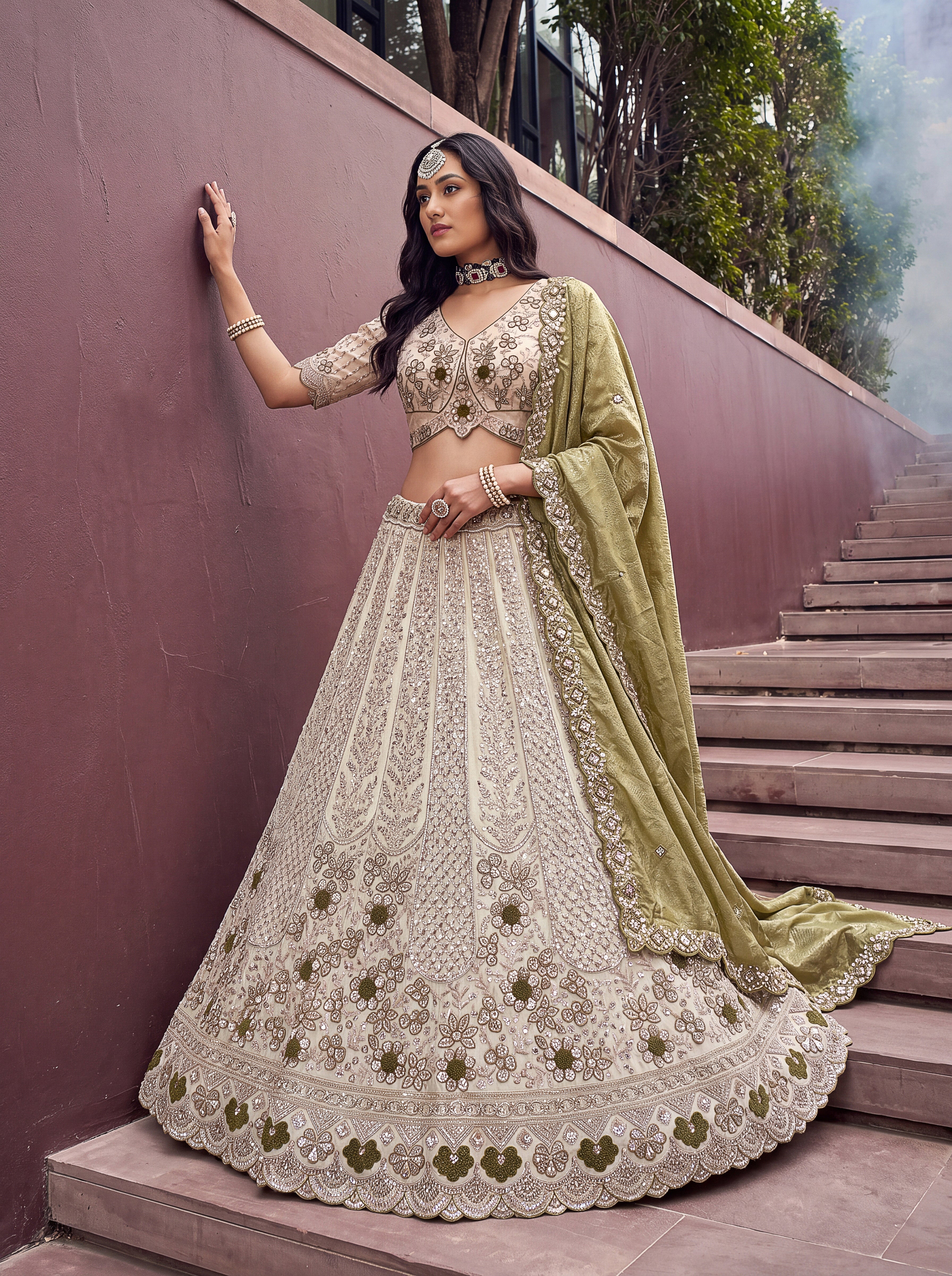 Off White Green Silk Lehenga Choli