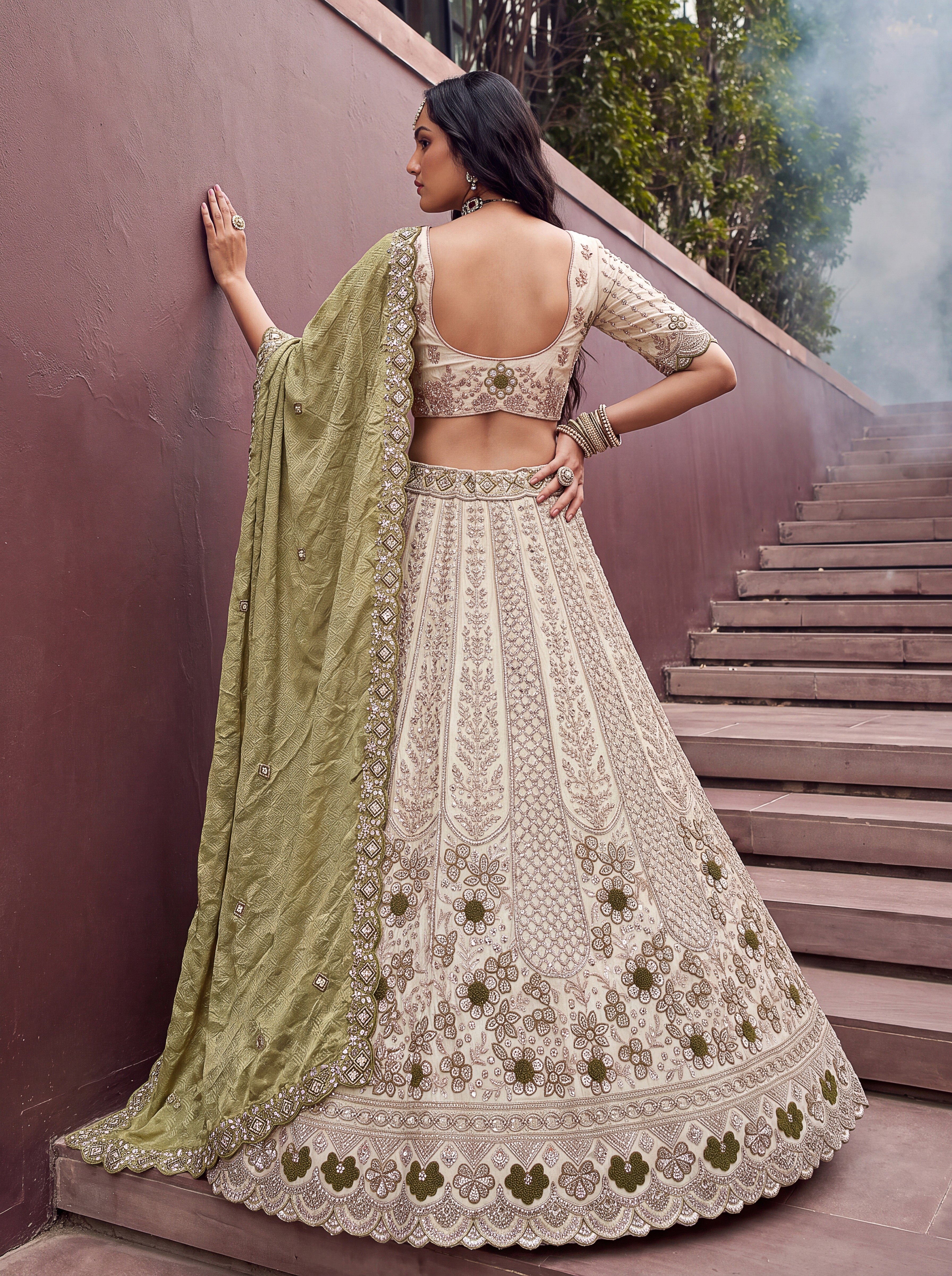 Off White Green Silk Lehenga Choli
