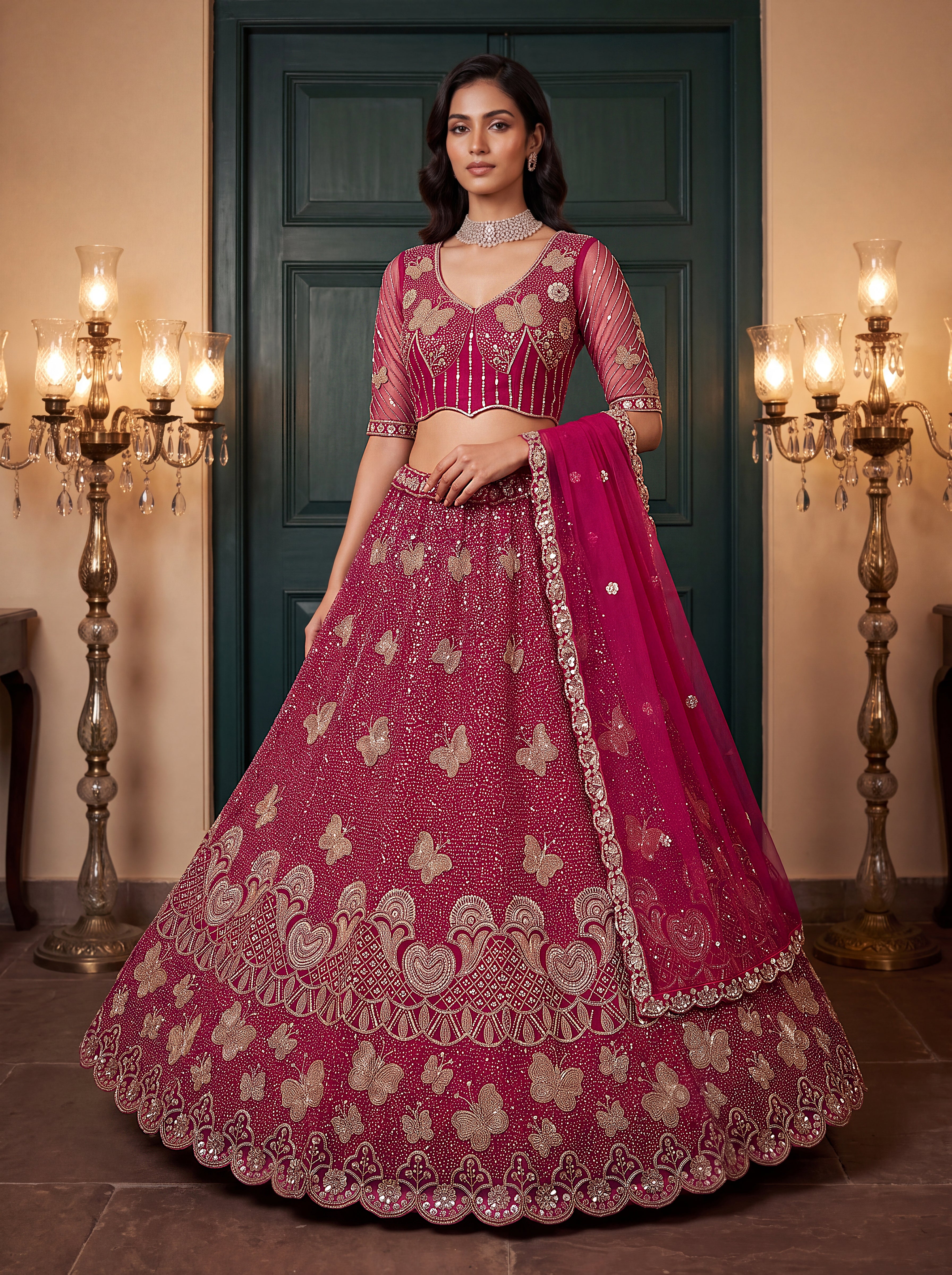 Magenta Beads Embroidered Lehenga