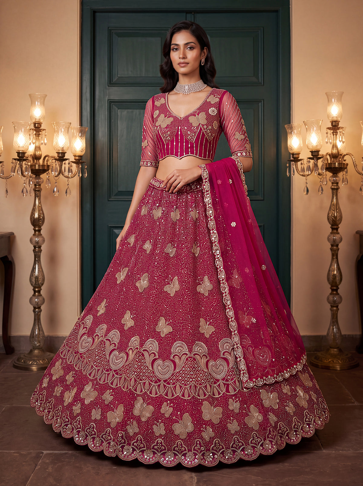 Magenta Beads Embroidered Lehenga