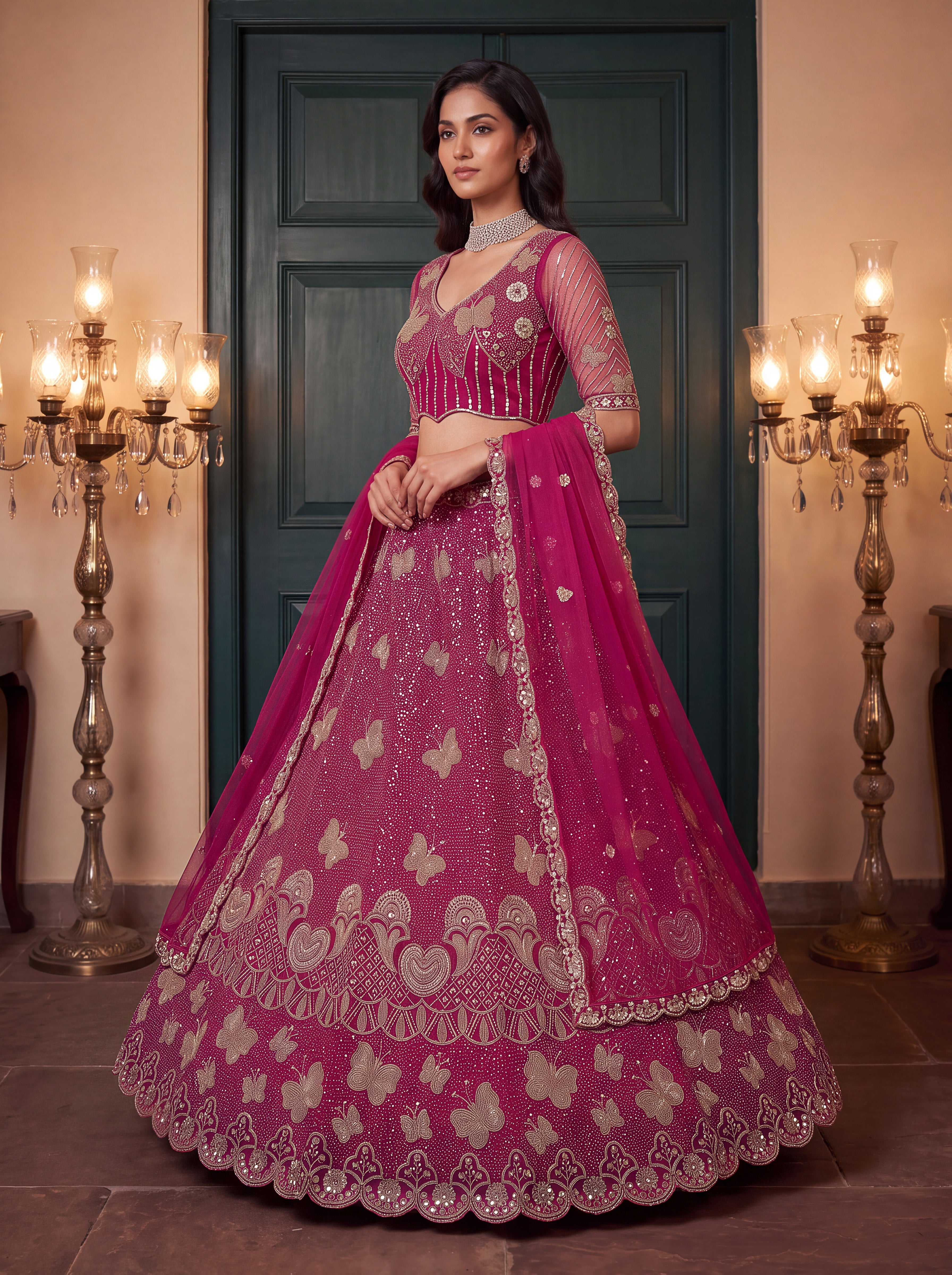 Magenta Beads Embroidered Lehenga