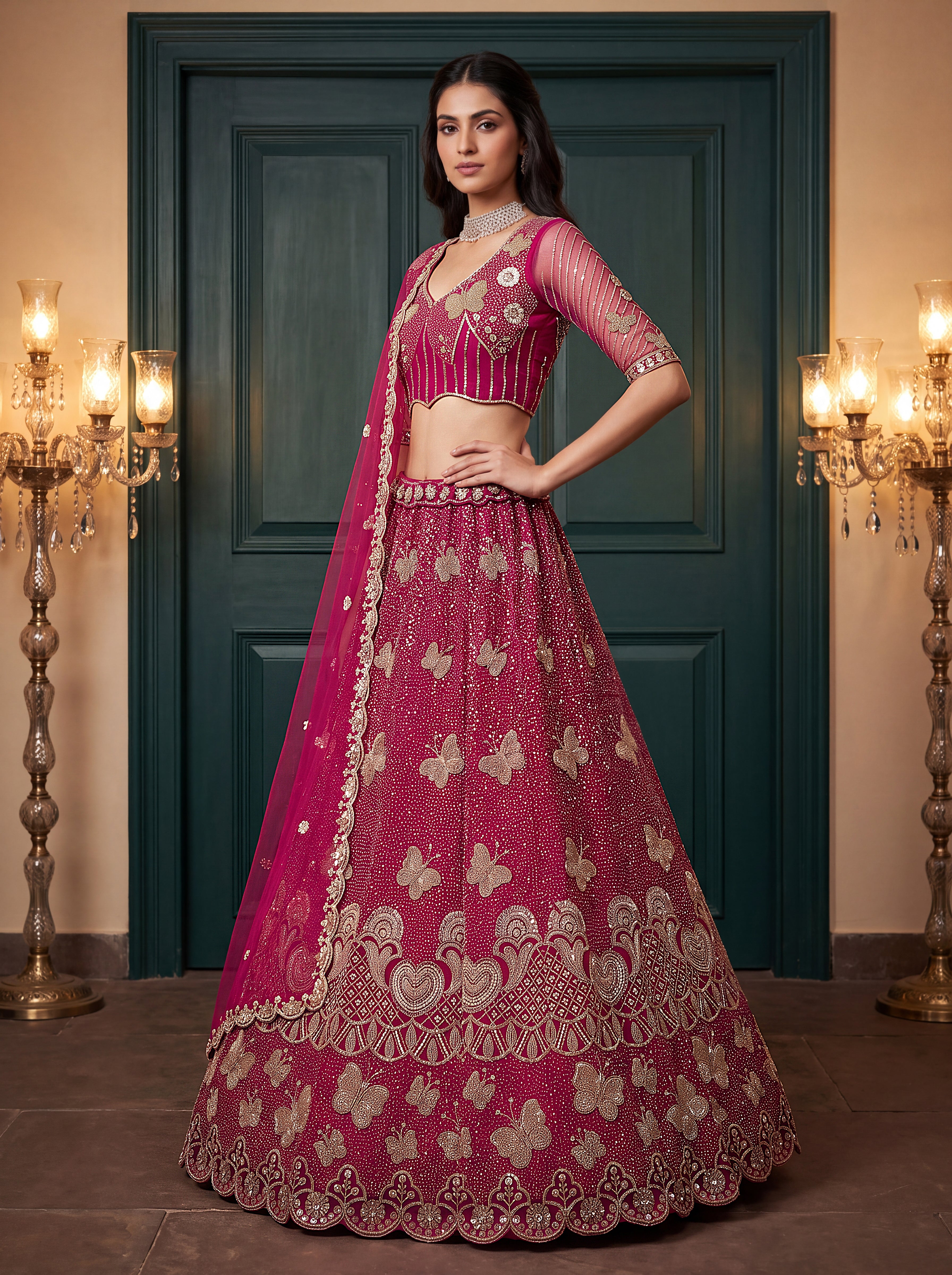 Magenta Beads Embroidered Lehenga