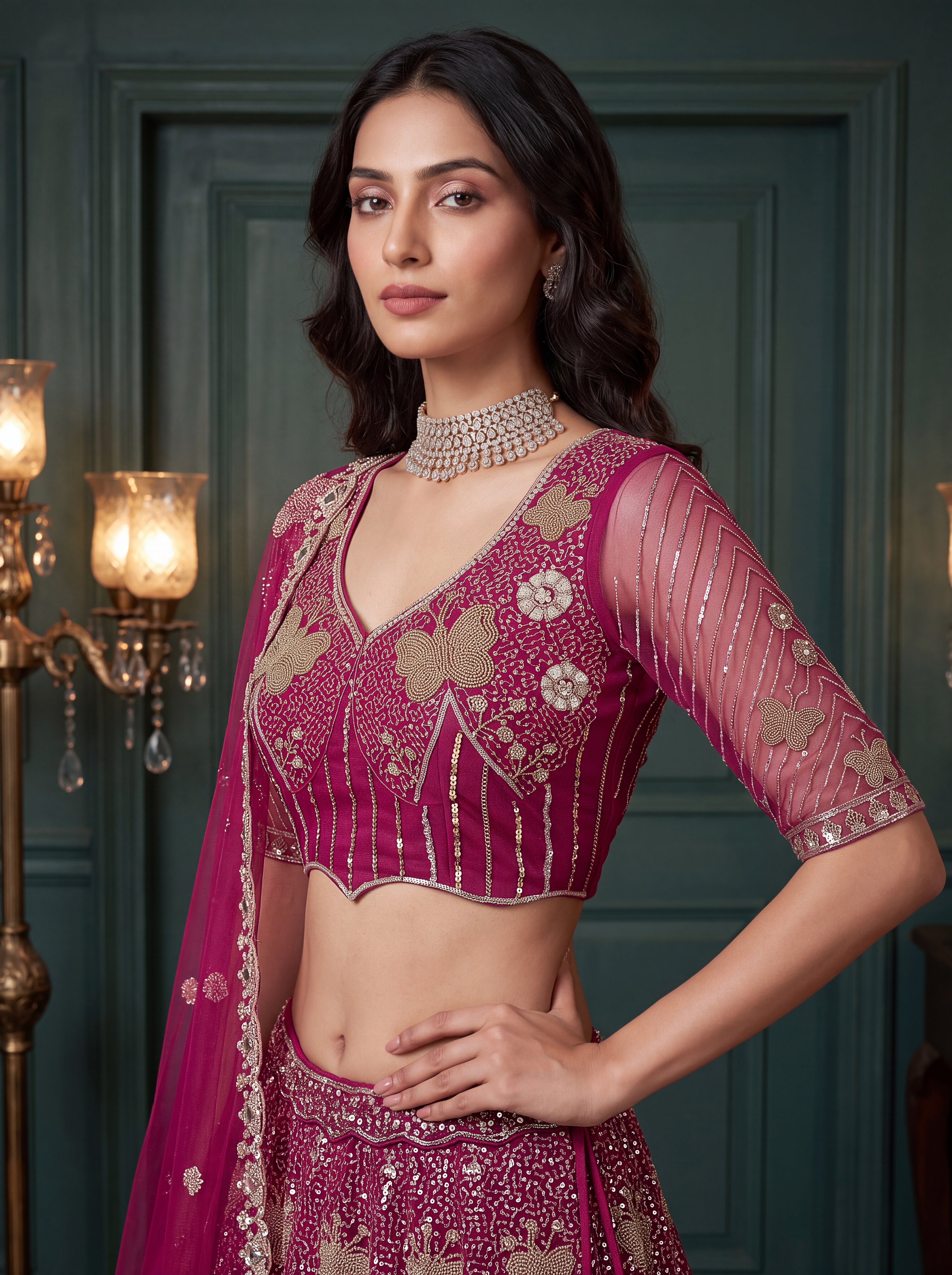 Magenta Beads Embroidered Lehenga