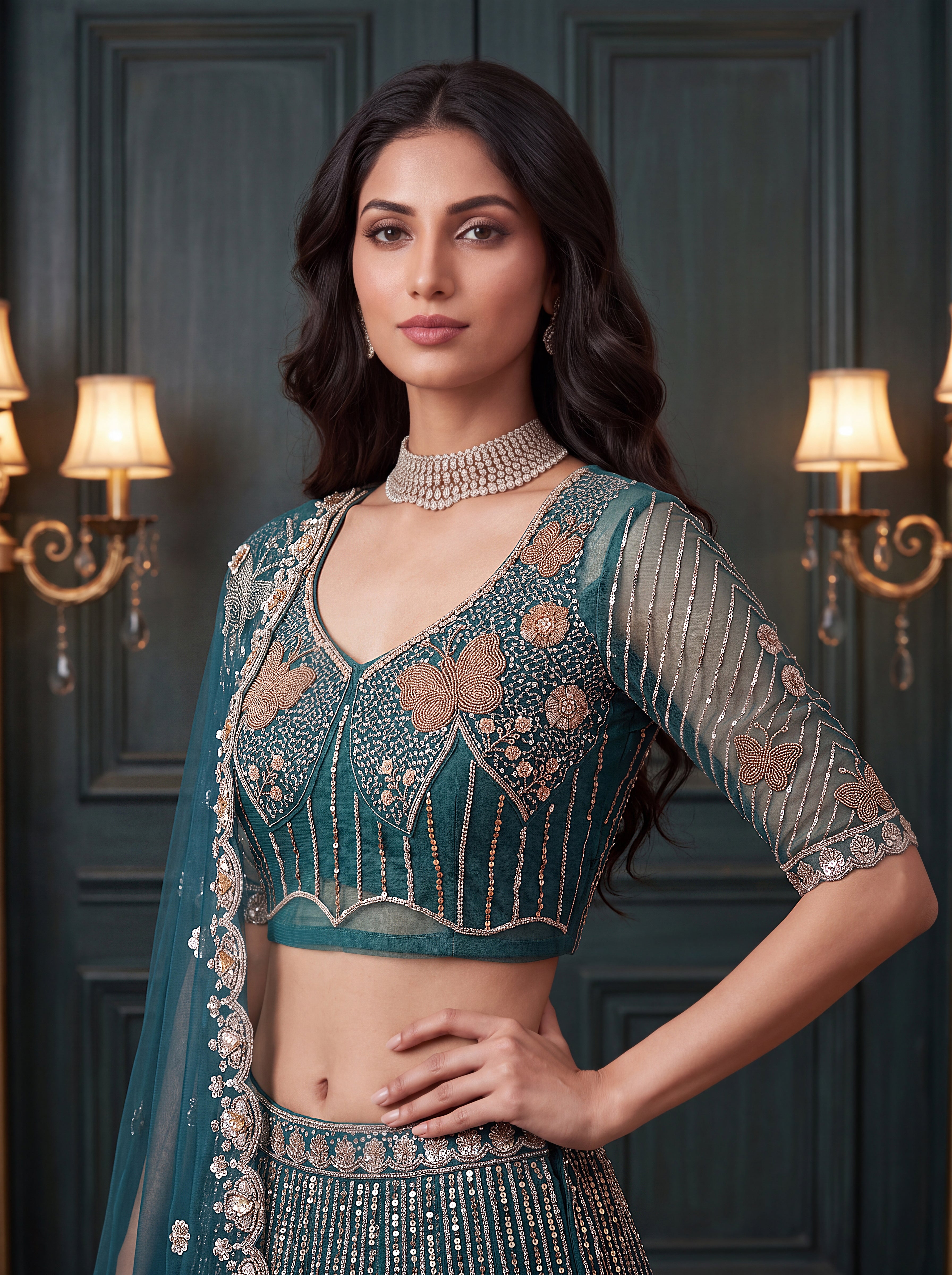 Teal Blue Beads Embroidered Lehenga
