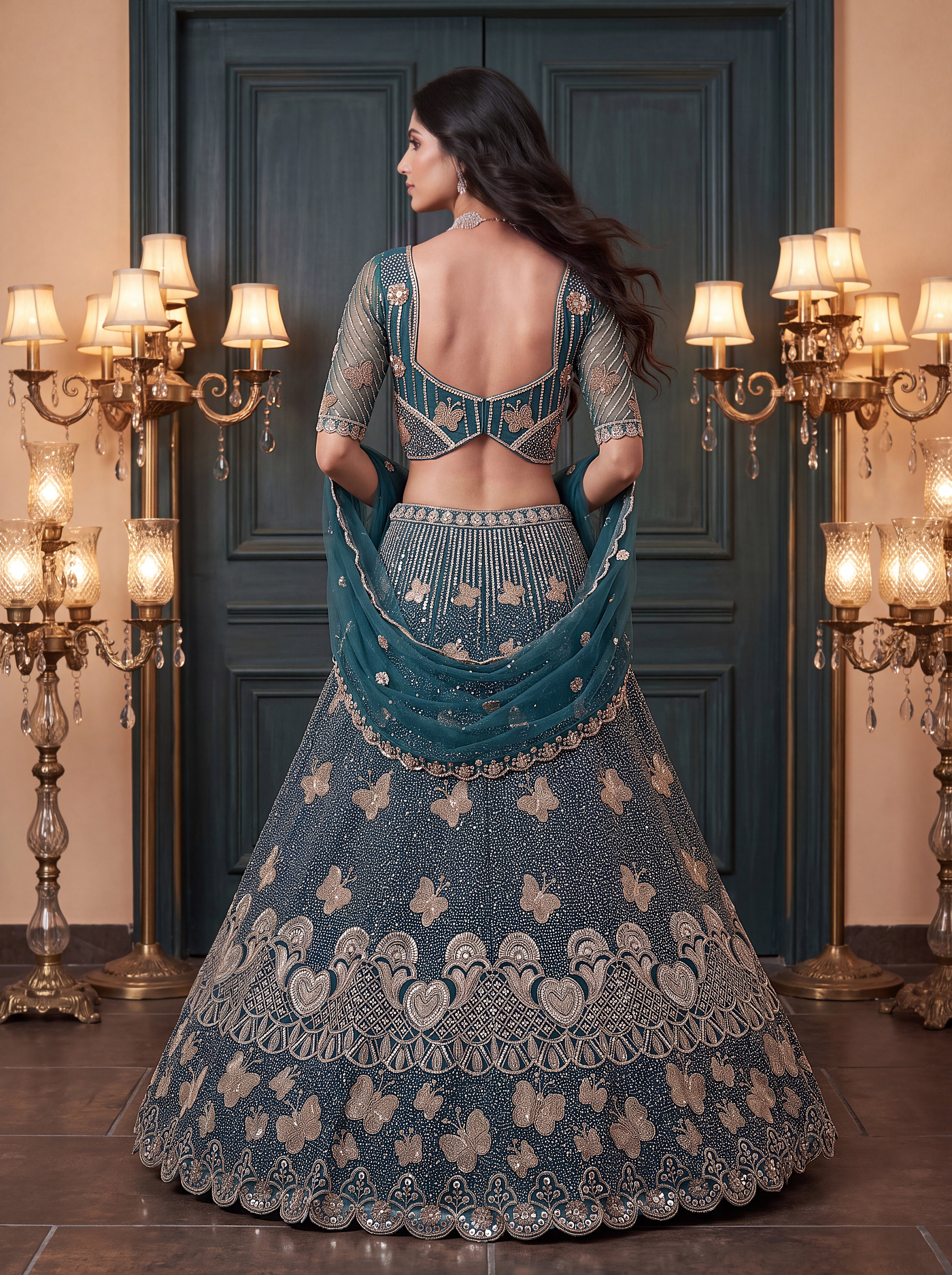 Teal Blue Beads Embroidered Lehenga