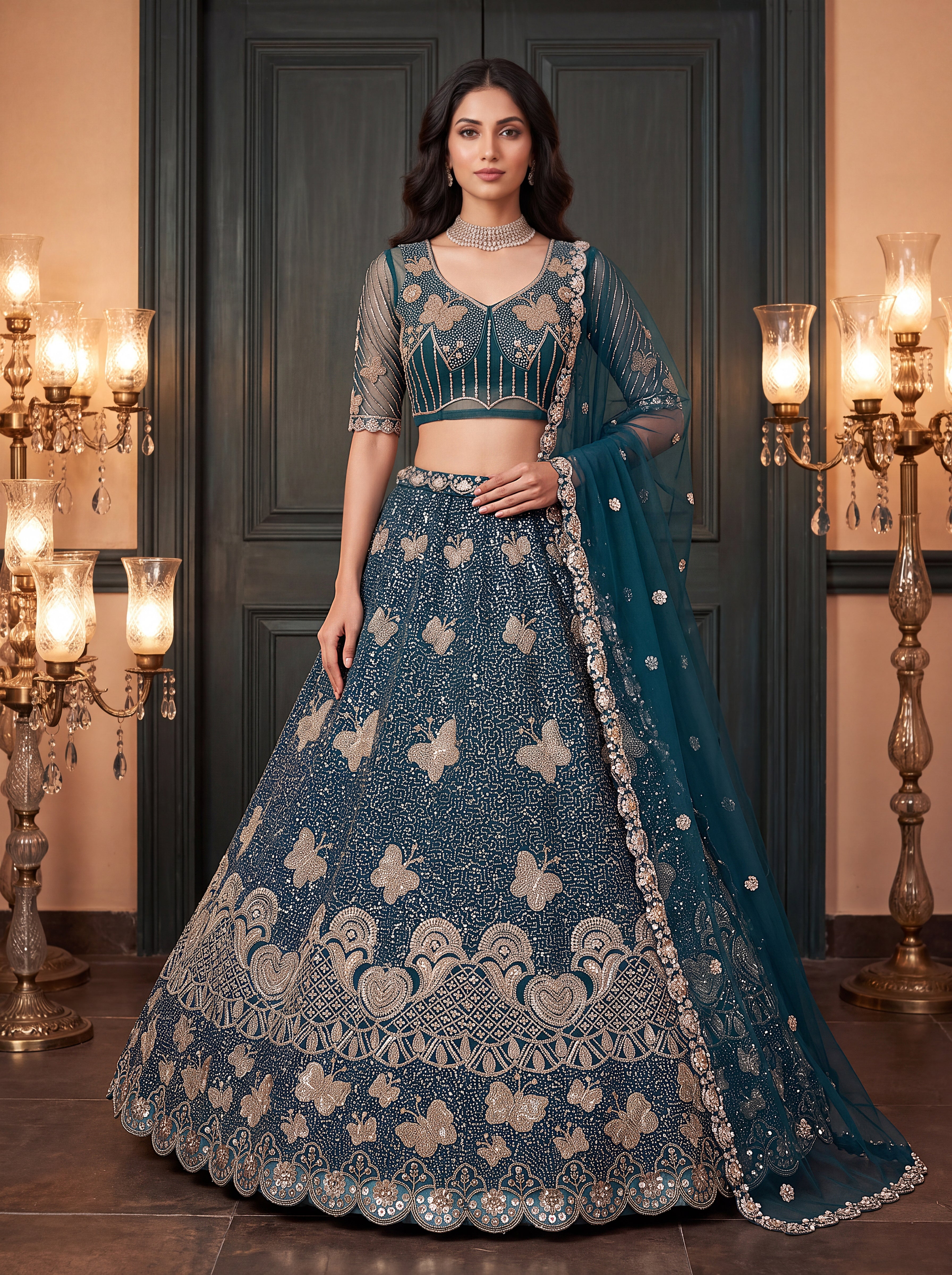 Teal Blue Beads Embroidered Lehenga