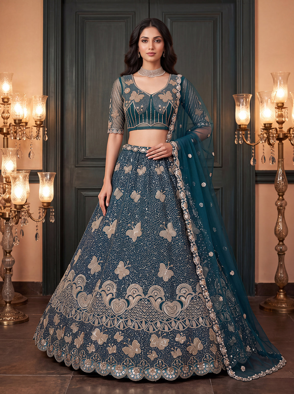 Teal Blue Beads Embroidered Lehenga