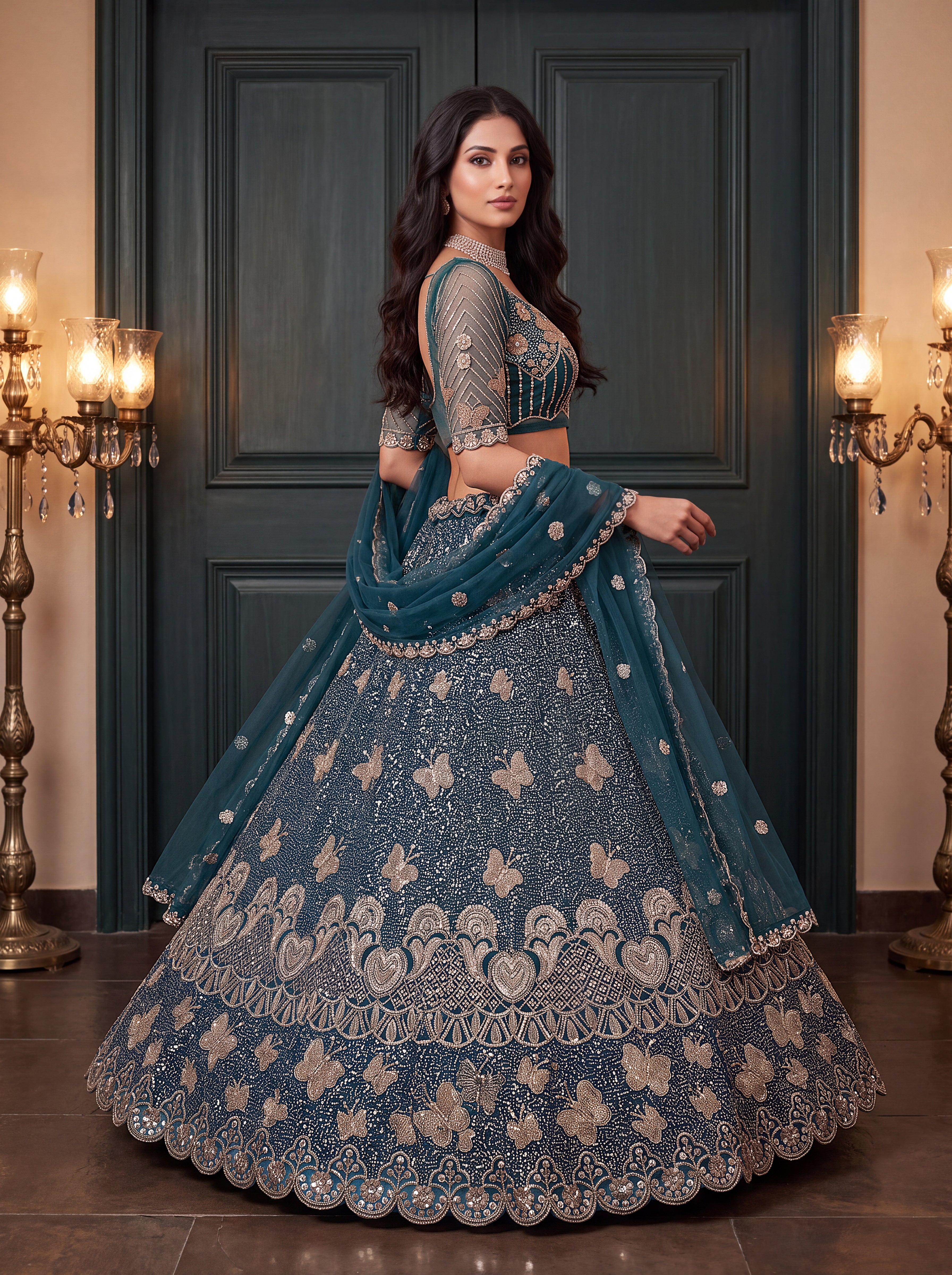 Teal Blue Beads Embroidered Lehenga