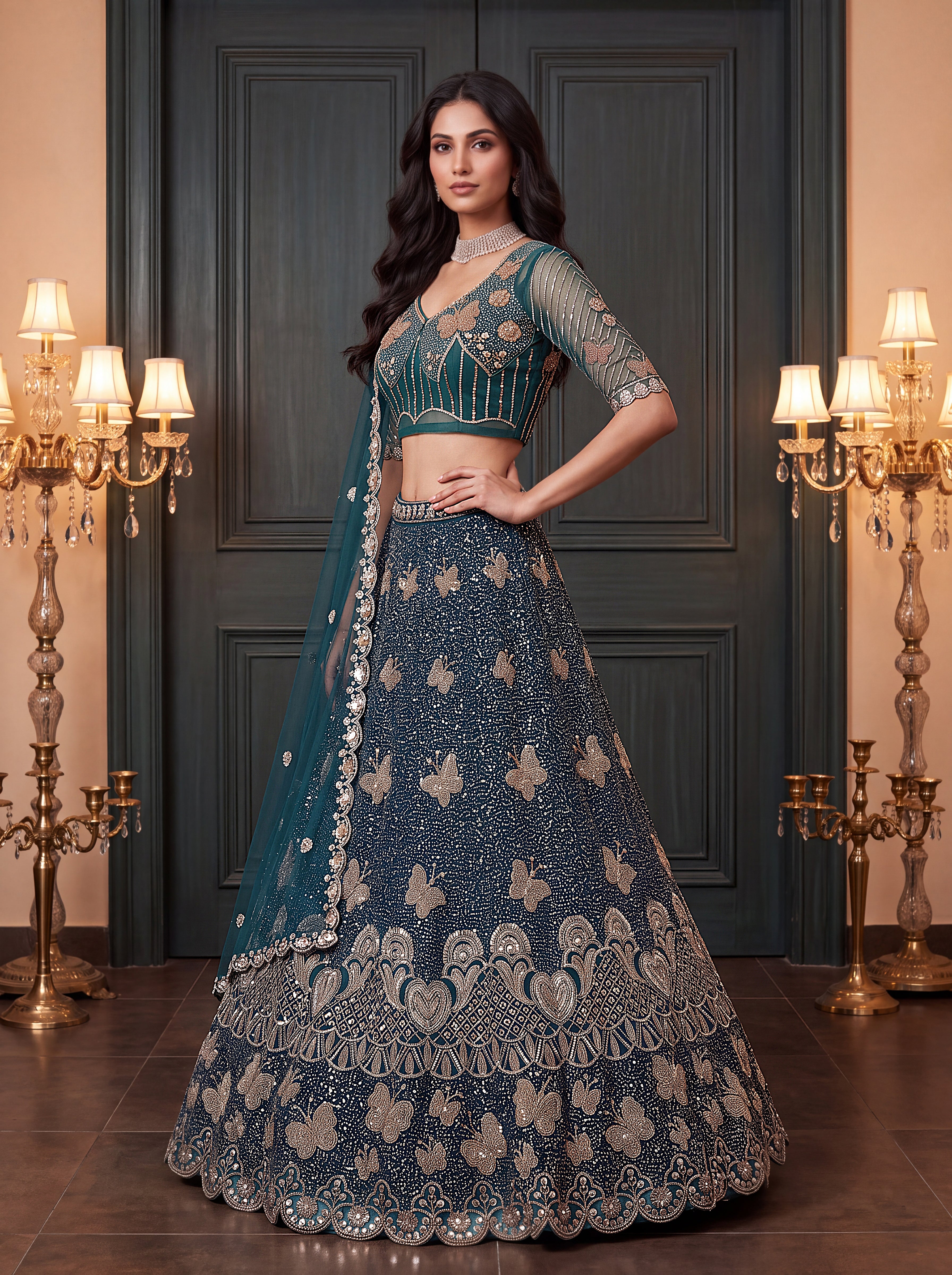 Teal Blue Beads Embroidered Lehenga