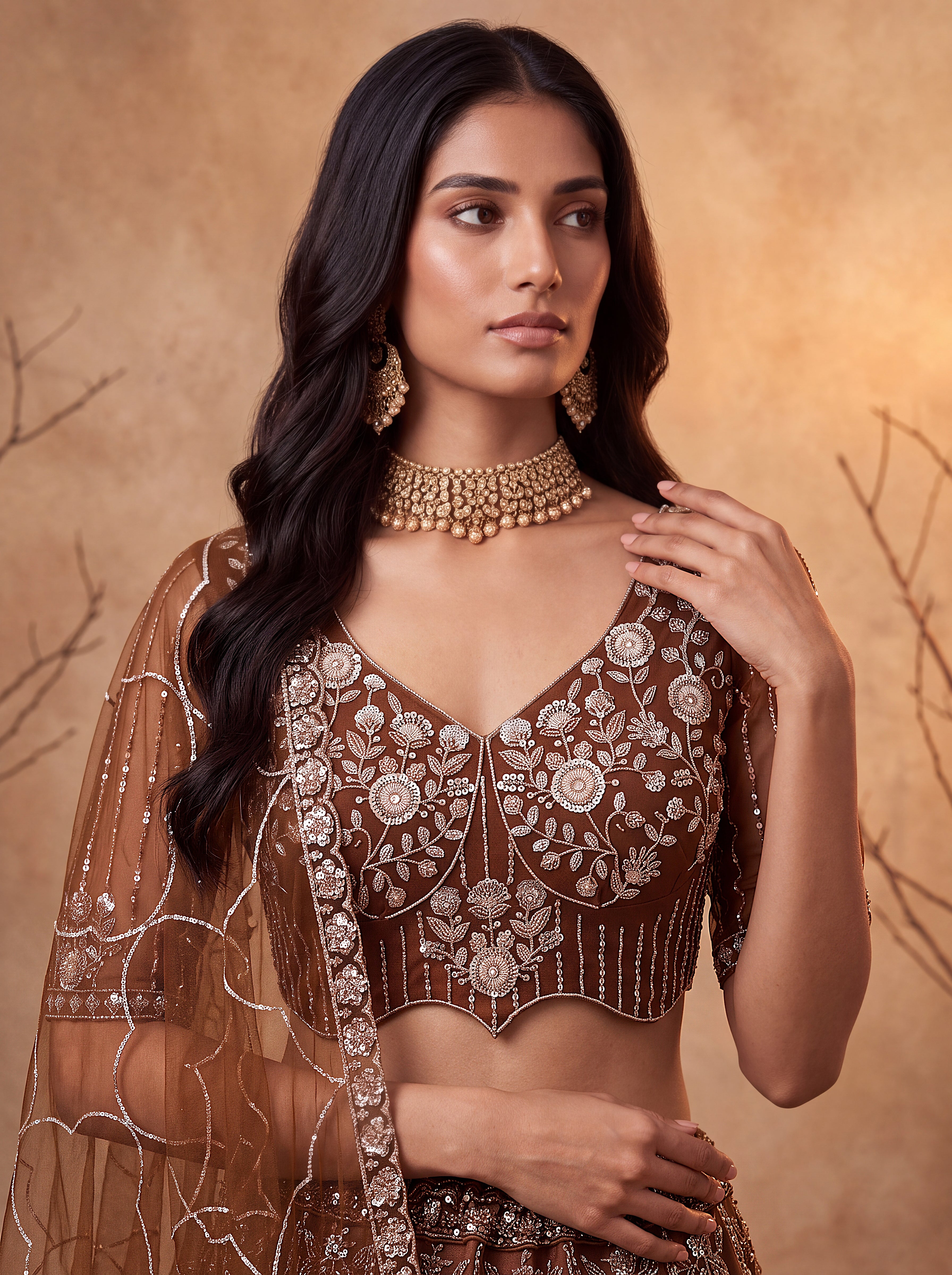 Brown Beads Embroidered Lehenga
