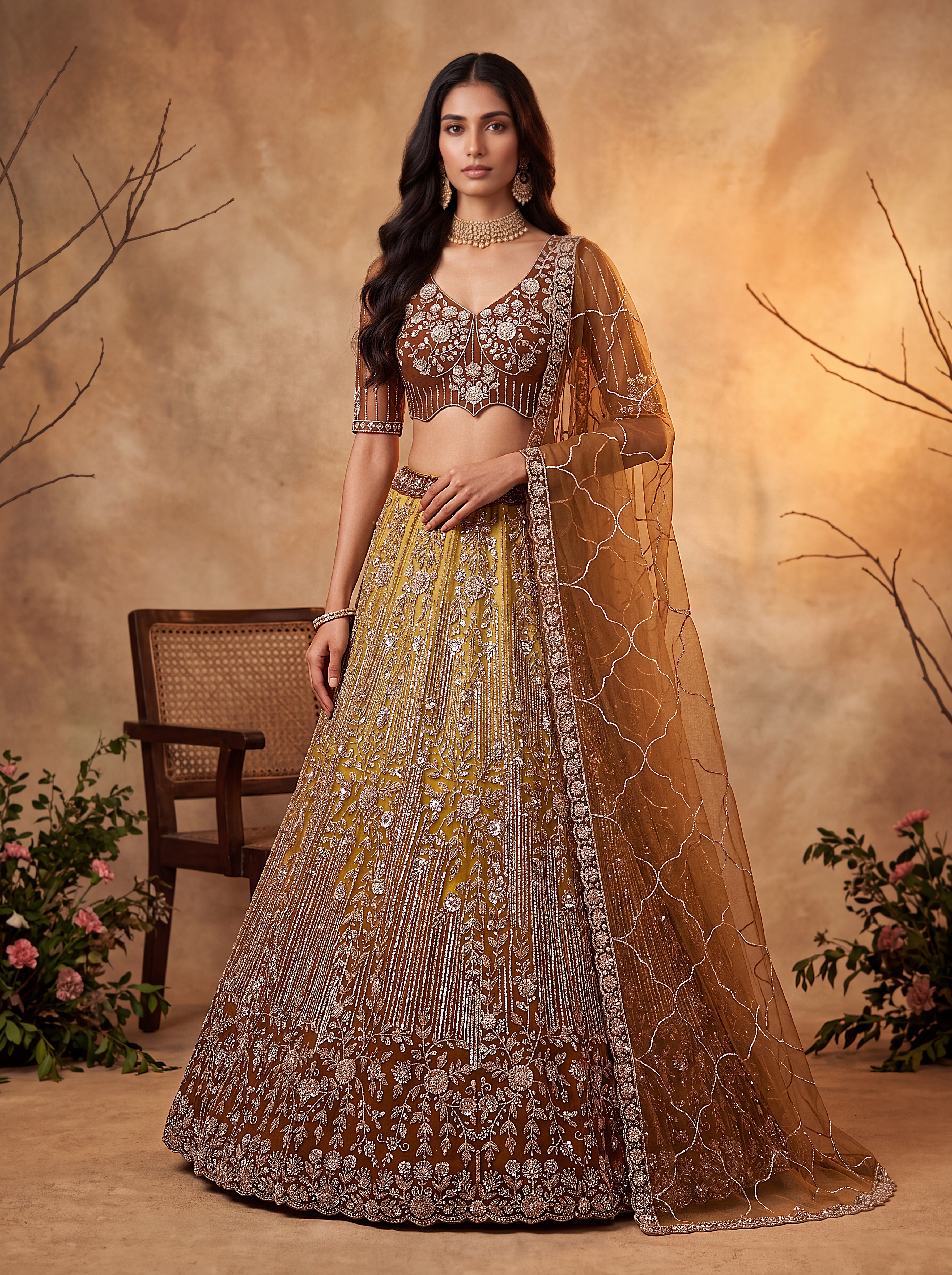 Brown Beads Embroidered Lehenga