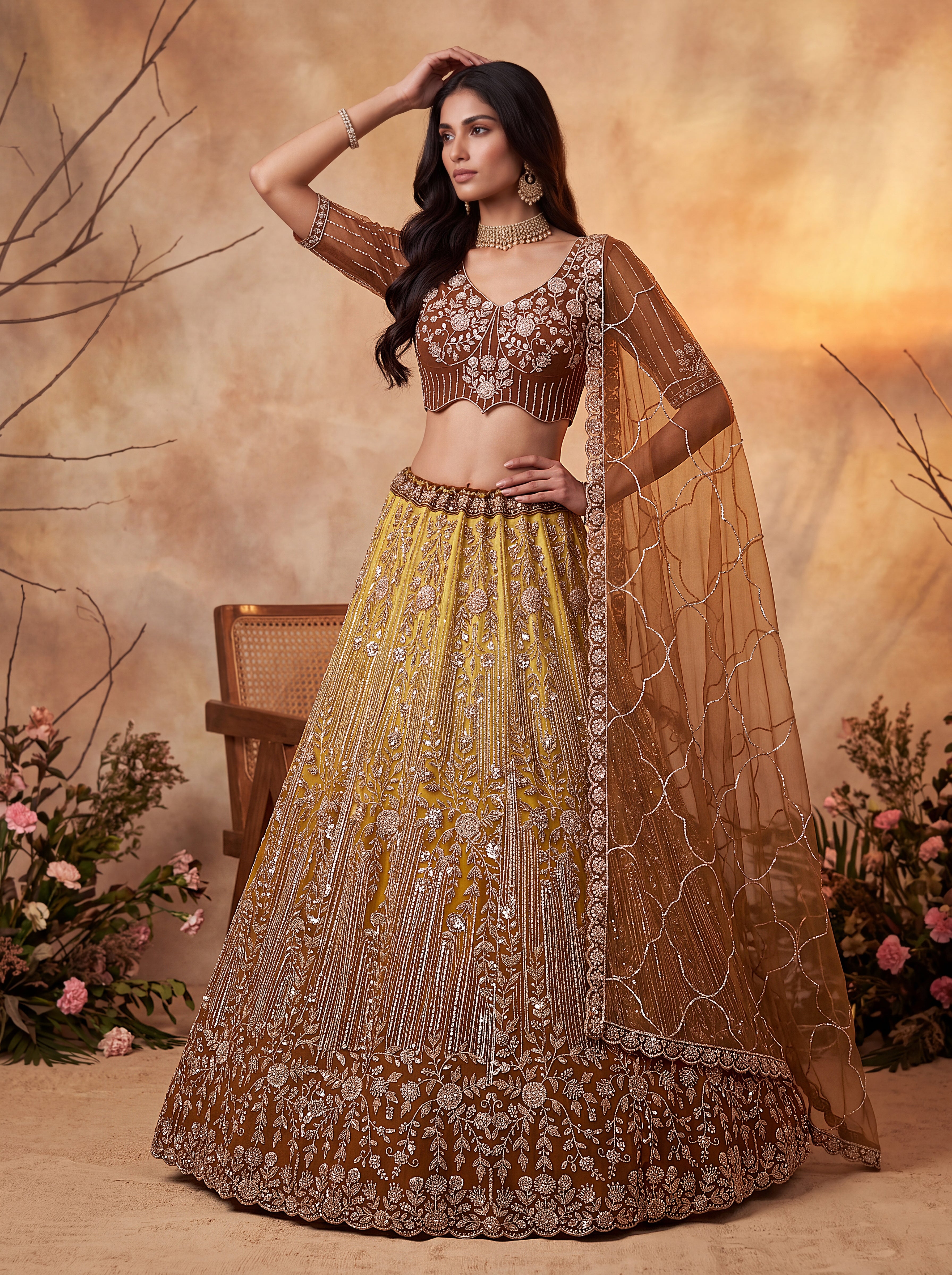 Brown Beads Embroidered Lehenga