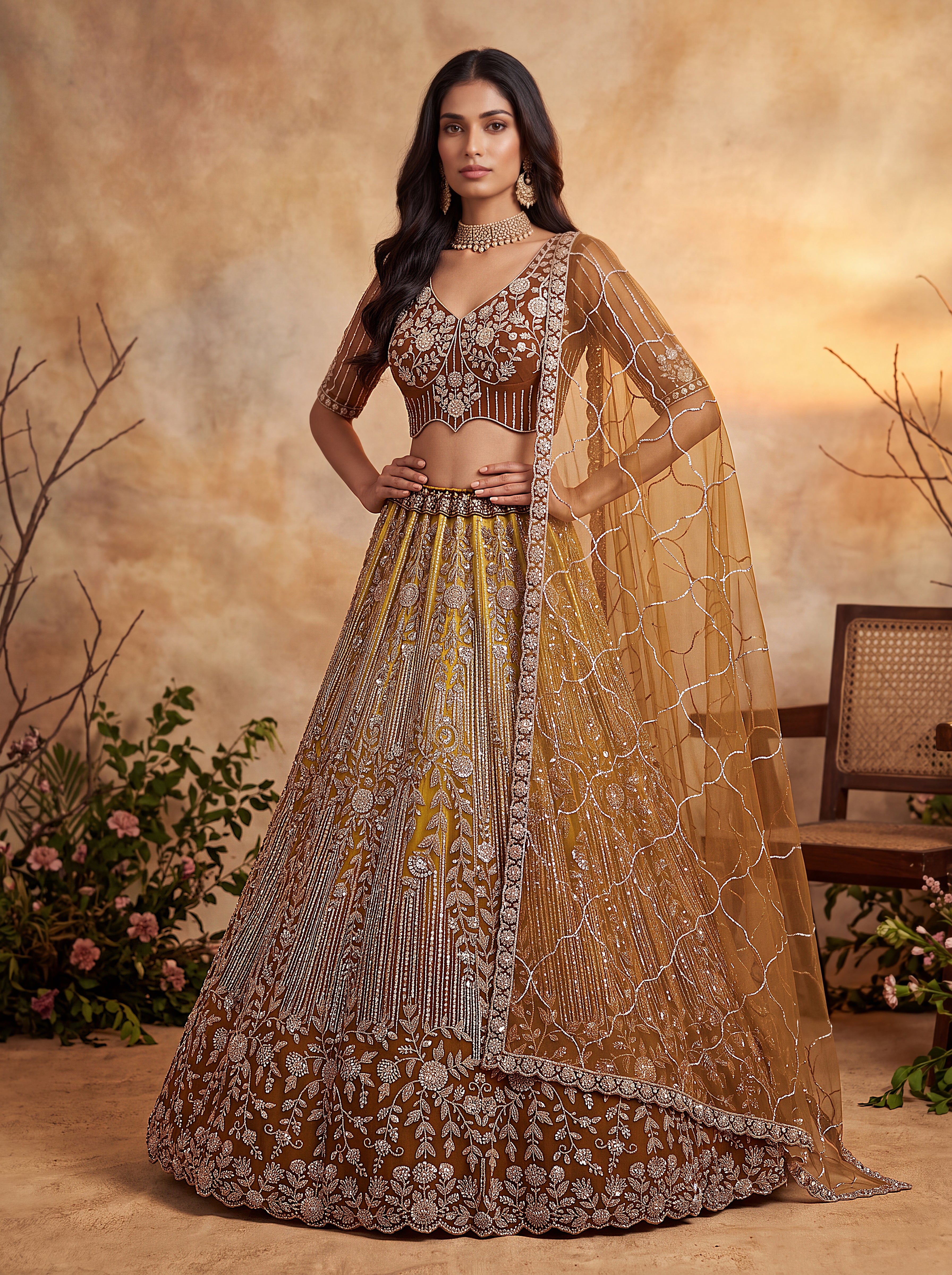 Brown Beads Embroidered Lehenga