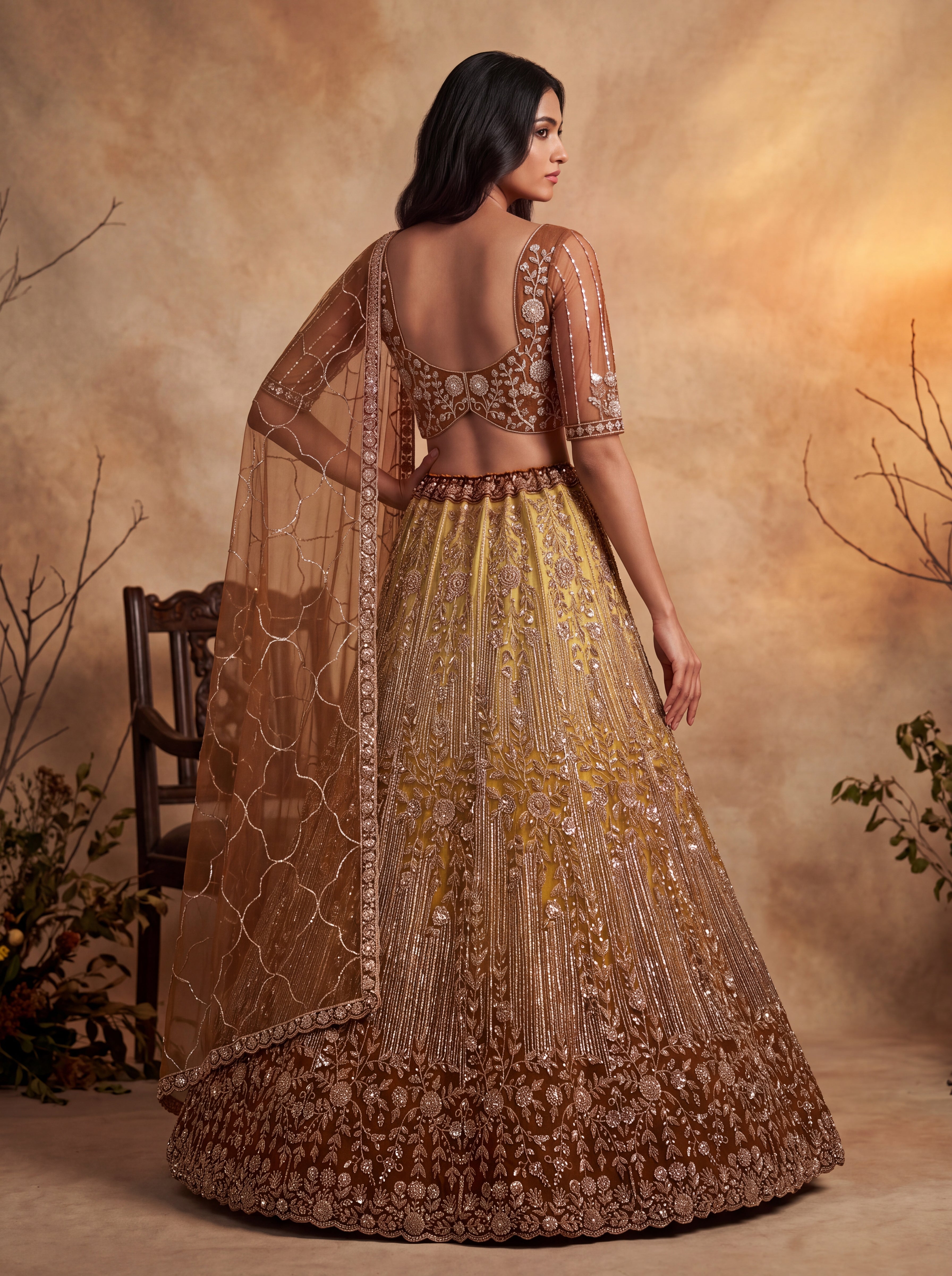 Brown Beads Embroidered Lehenga