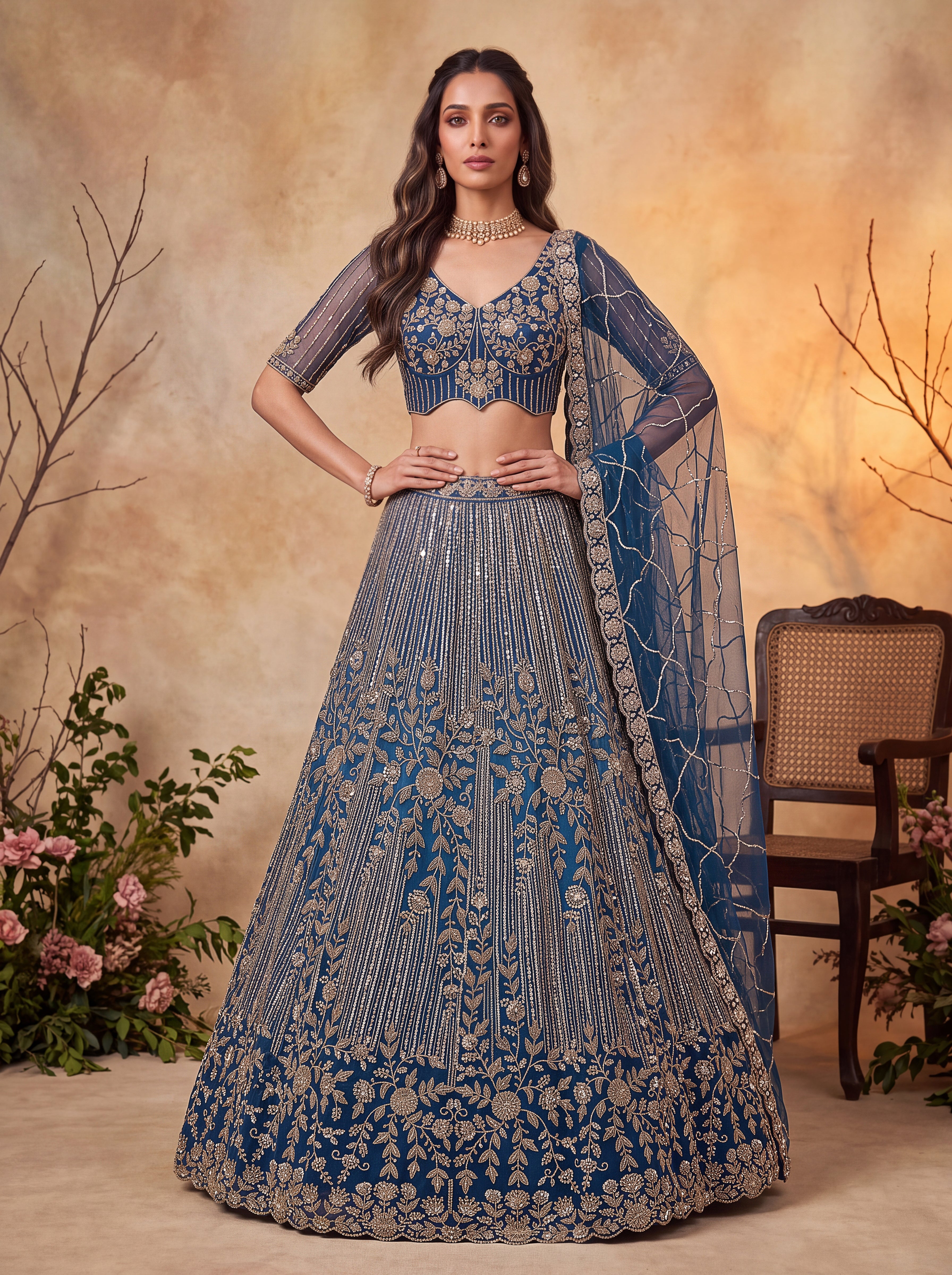 Navy Blue Beads Embroidered Lehenga