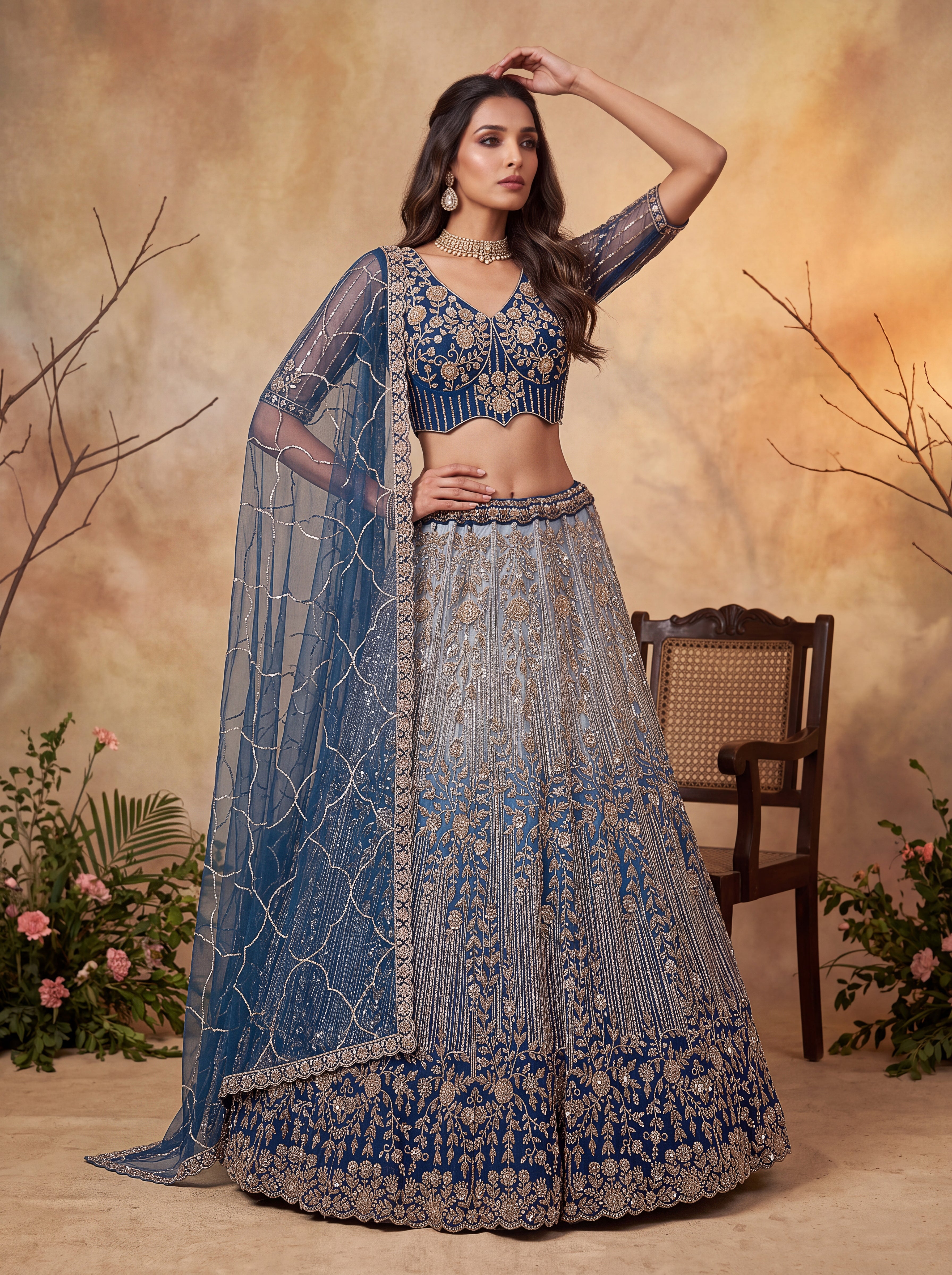 Navy Blue Beads Embroidered Lehenga