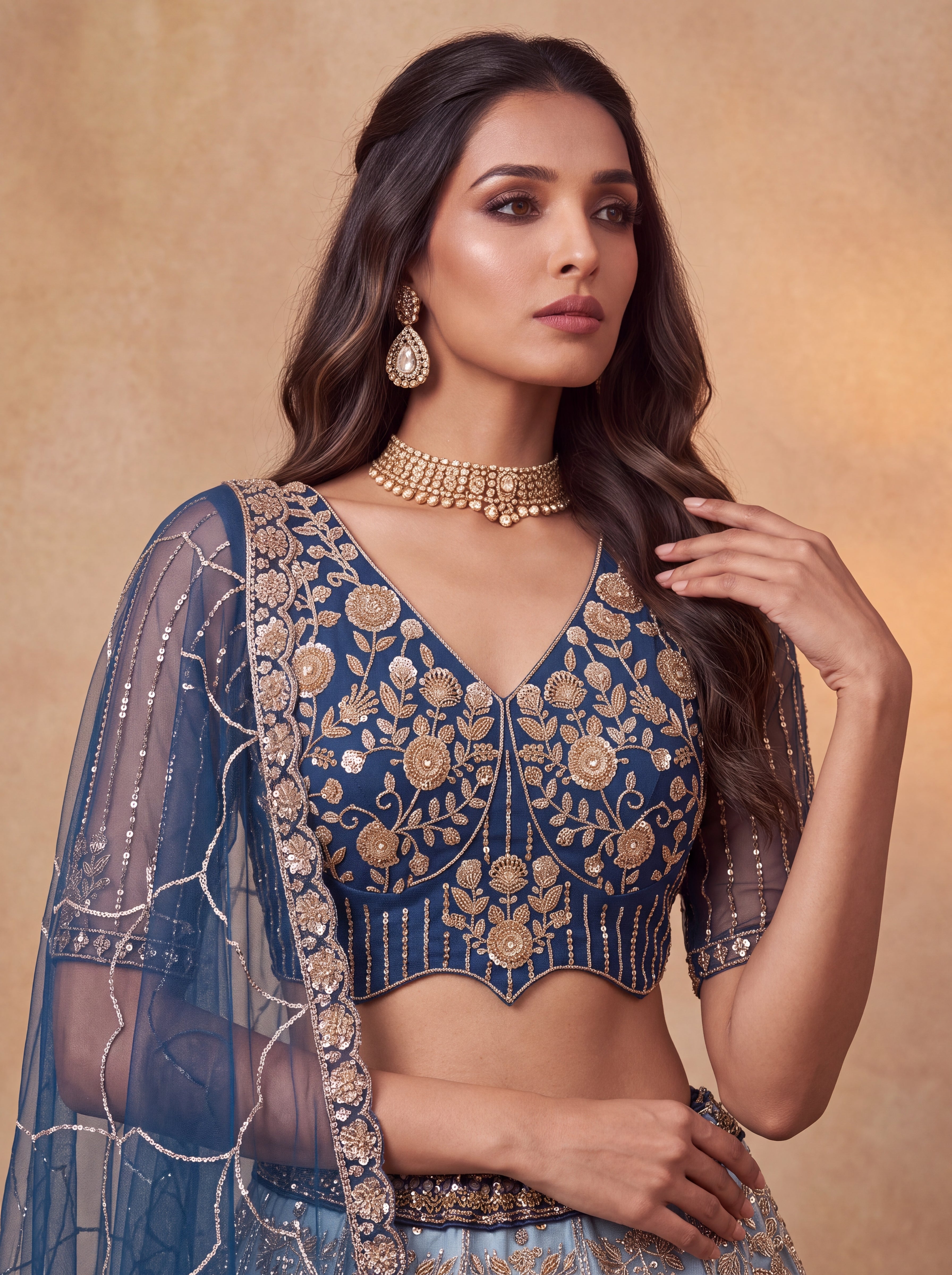 Navy Blue Beads Embroidered Lehenga