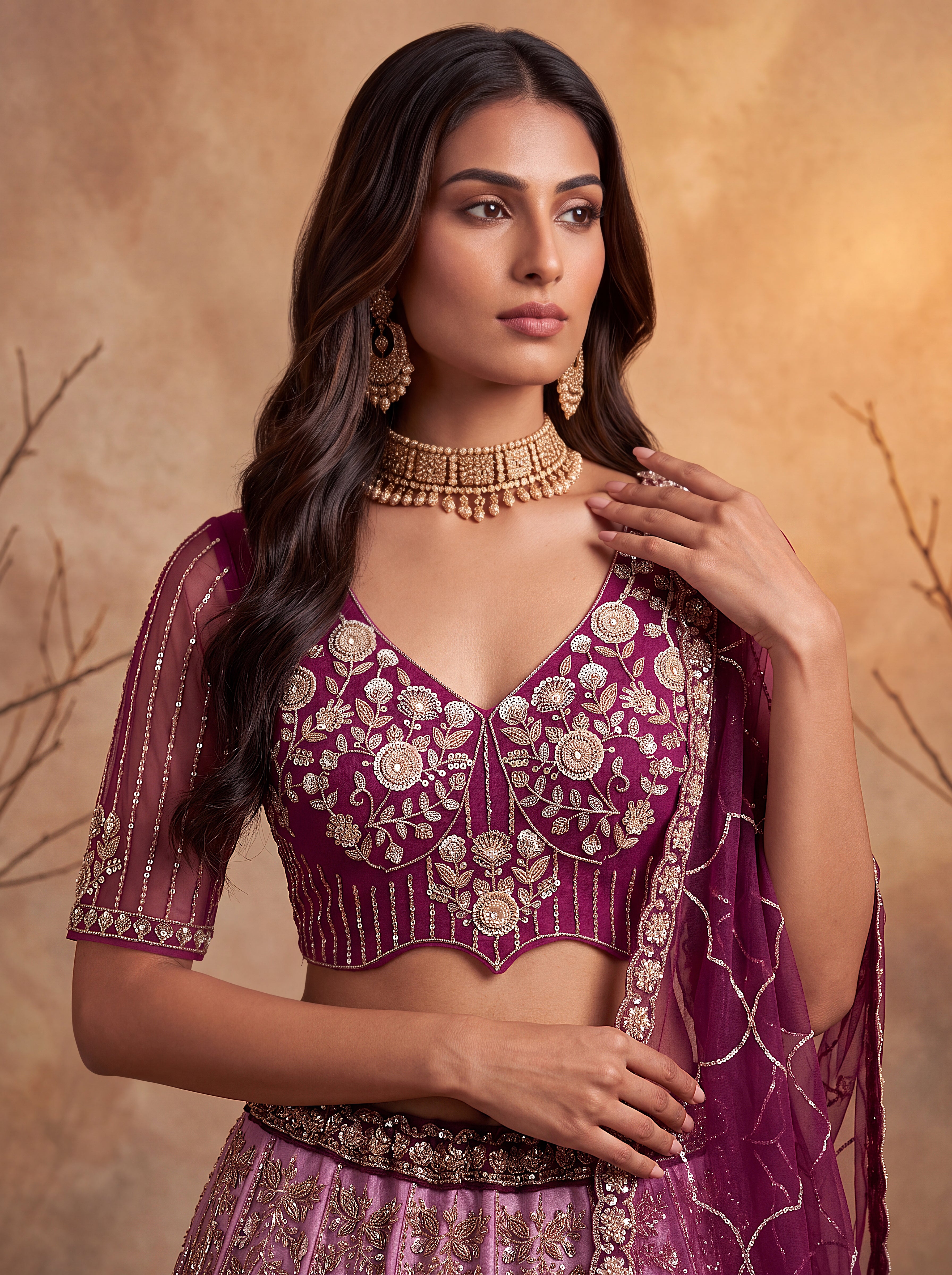 Wine Beads Embroidered Lehenga