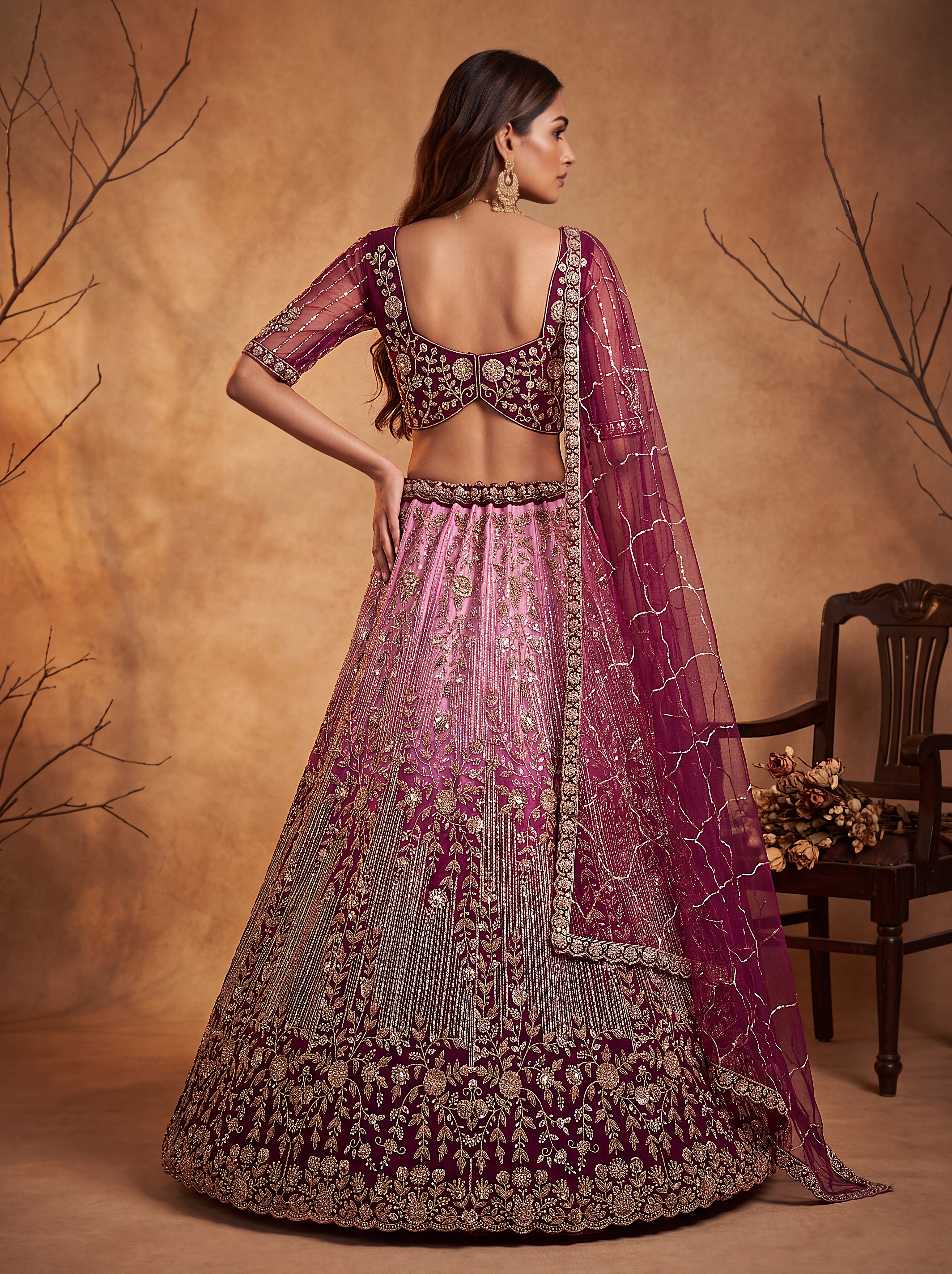 Wine Beads Embroidered Lehenga
