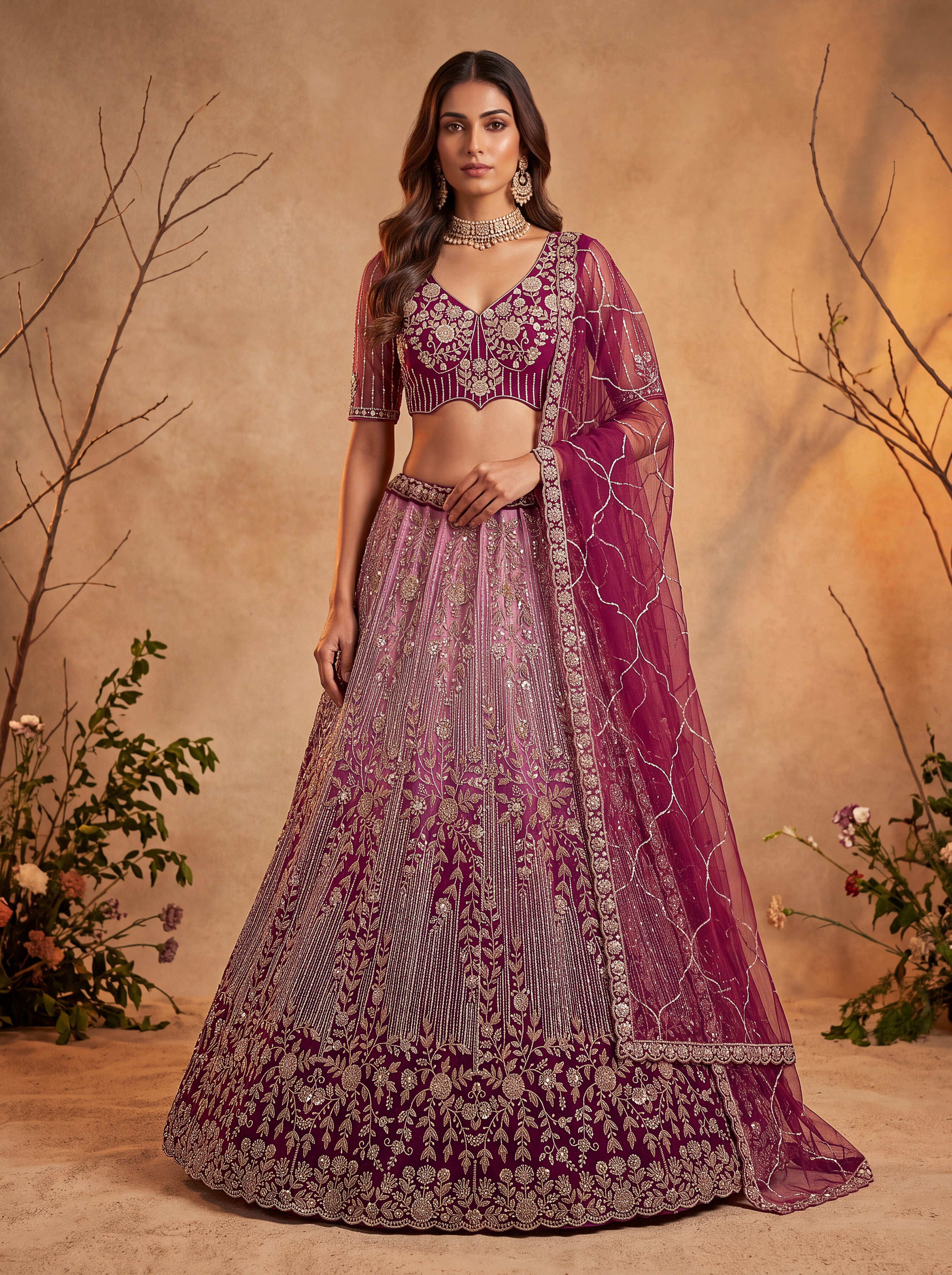 Wine Beads Embroidered Lehenga