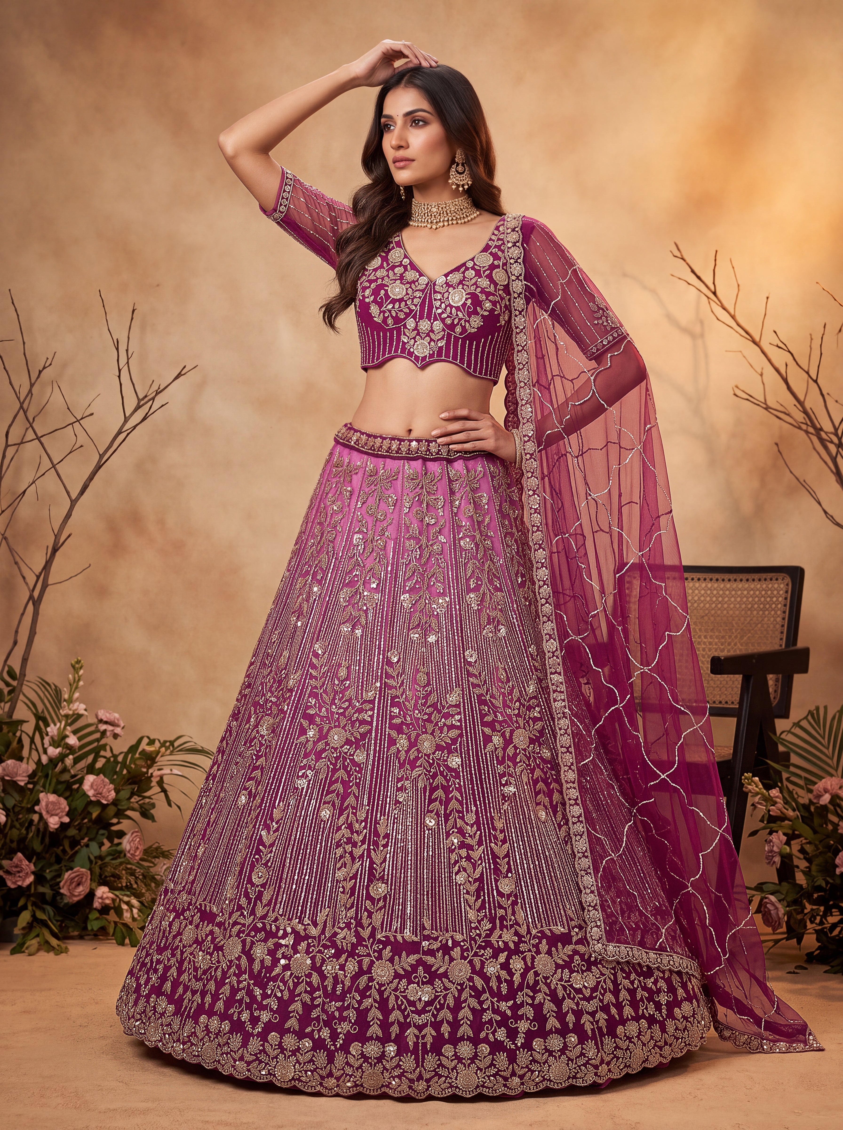 Wine Beads Embroidered Lehenga