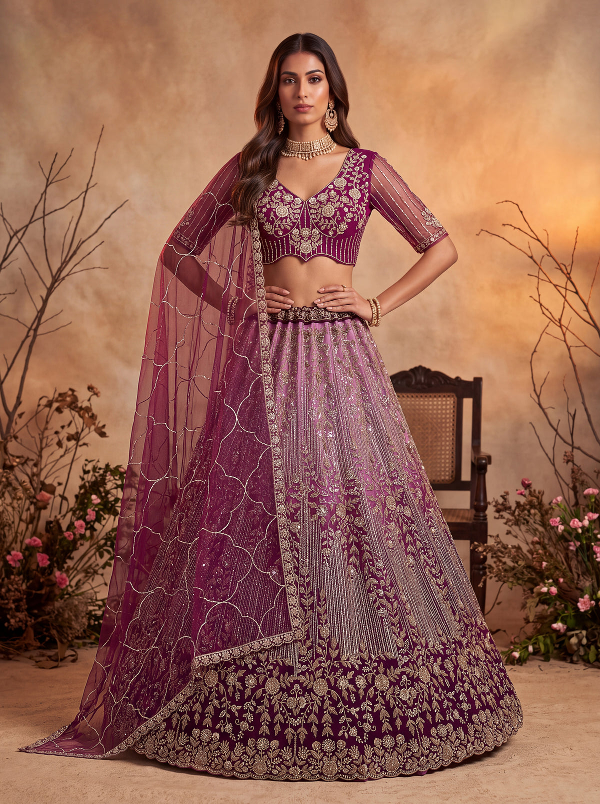 Wine Beads Embroidered Lehenga