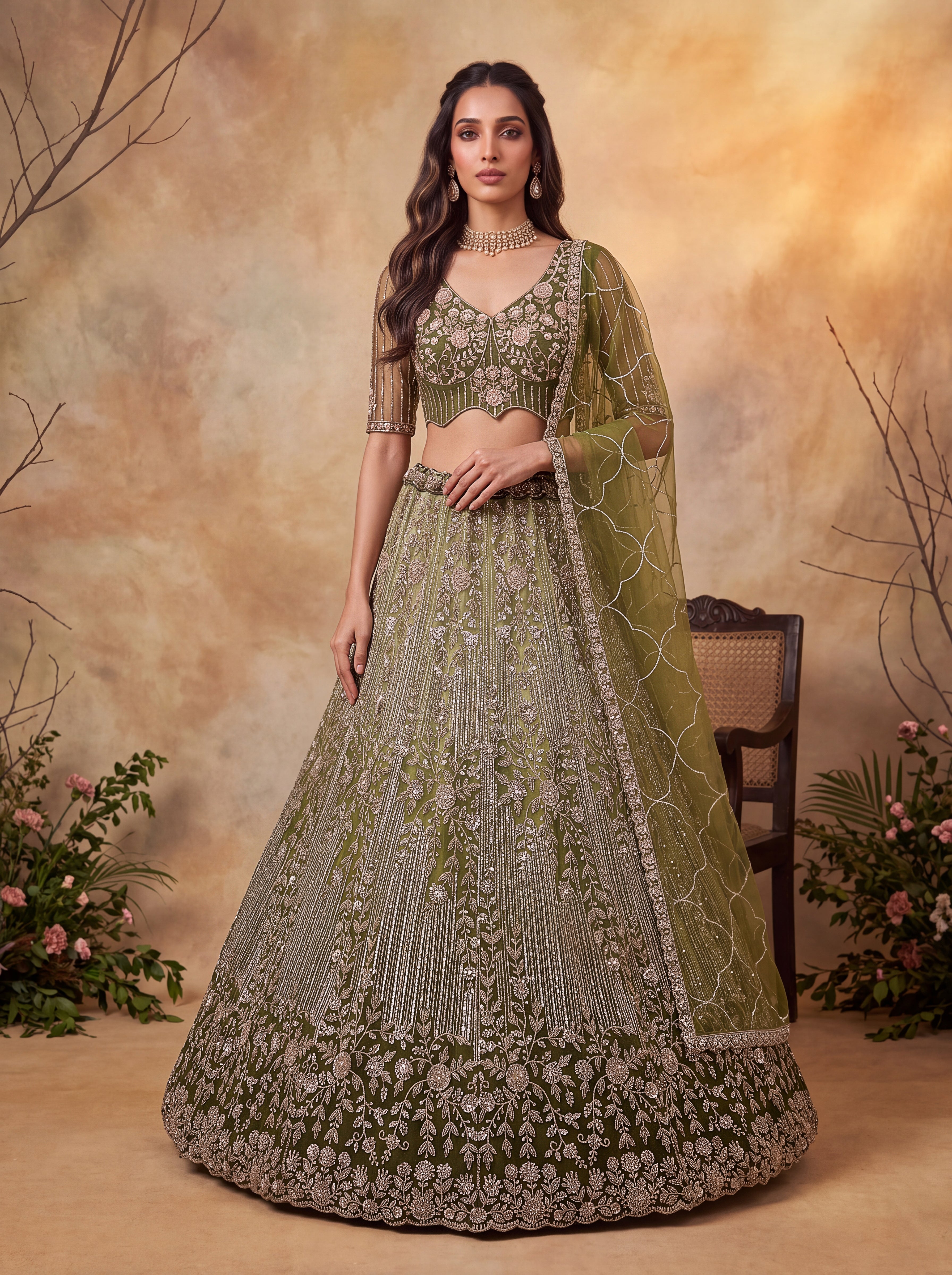 Olive Green Beads Embroidered Lehenga