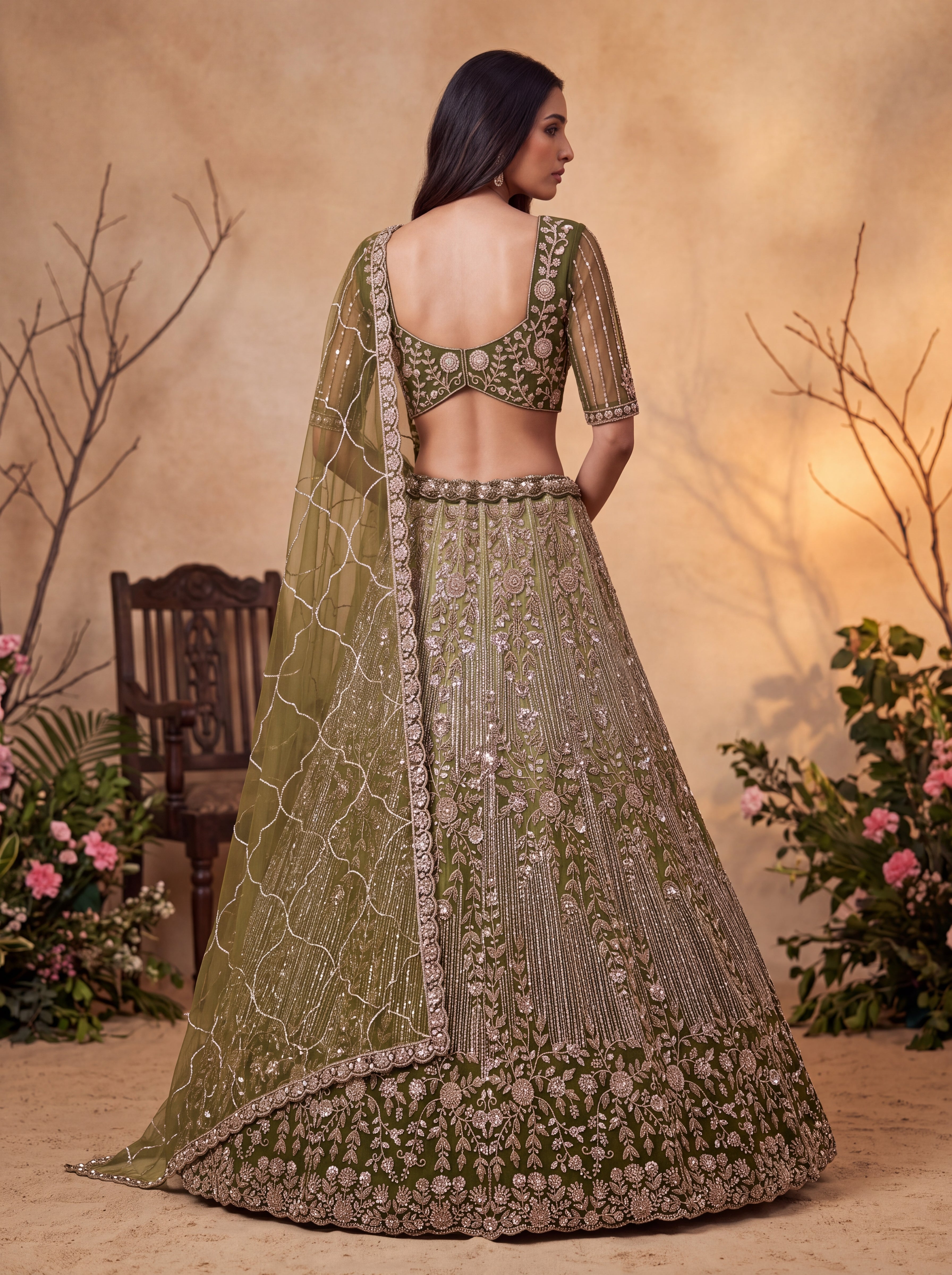 Olive Green Beads Embroidered Lehenga