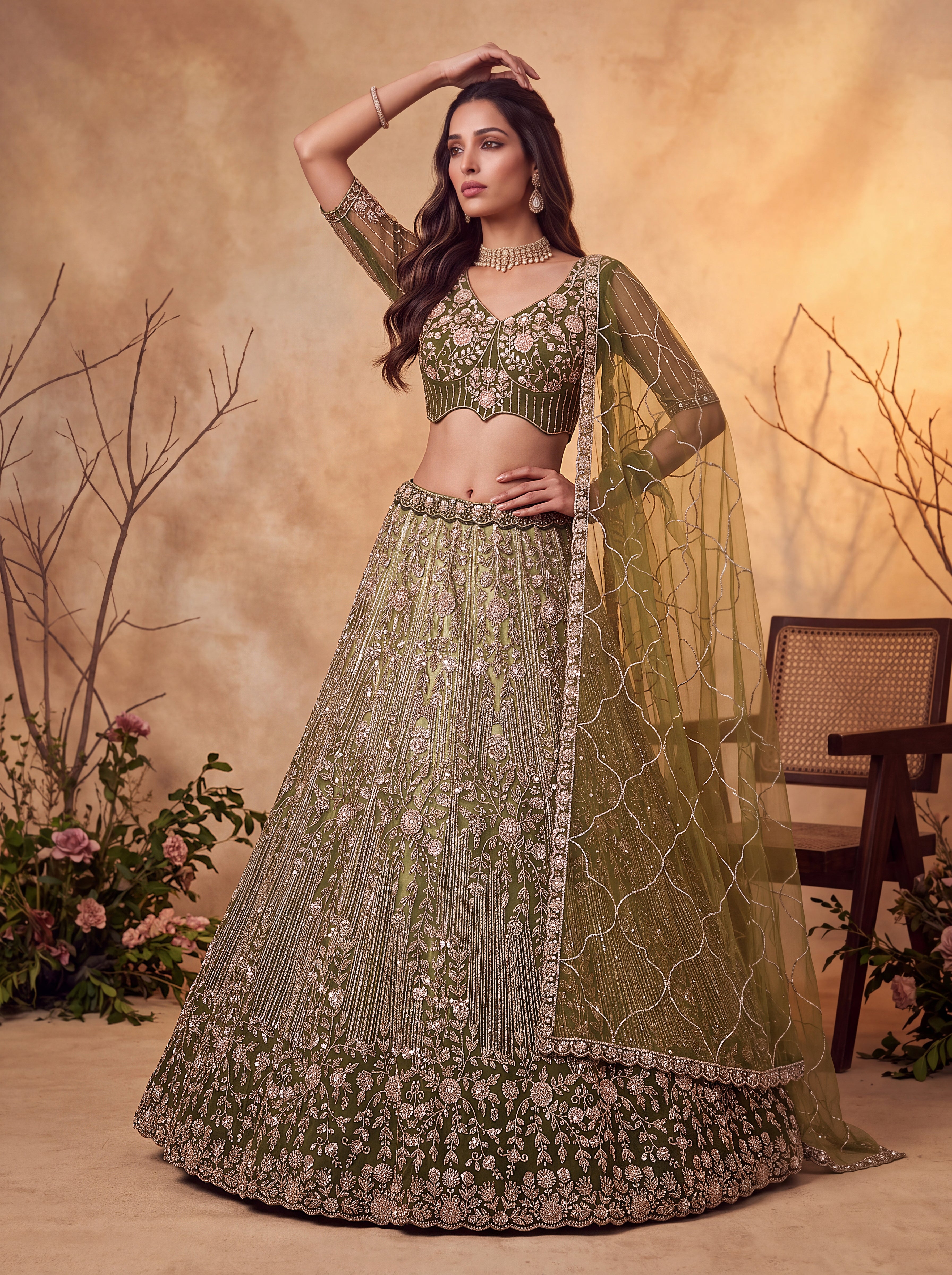 Olive Green Beads Embroidered Lehenga