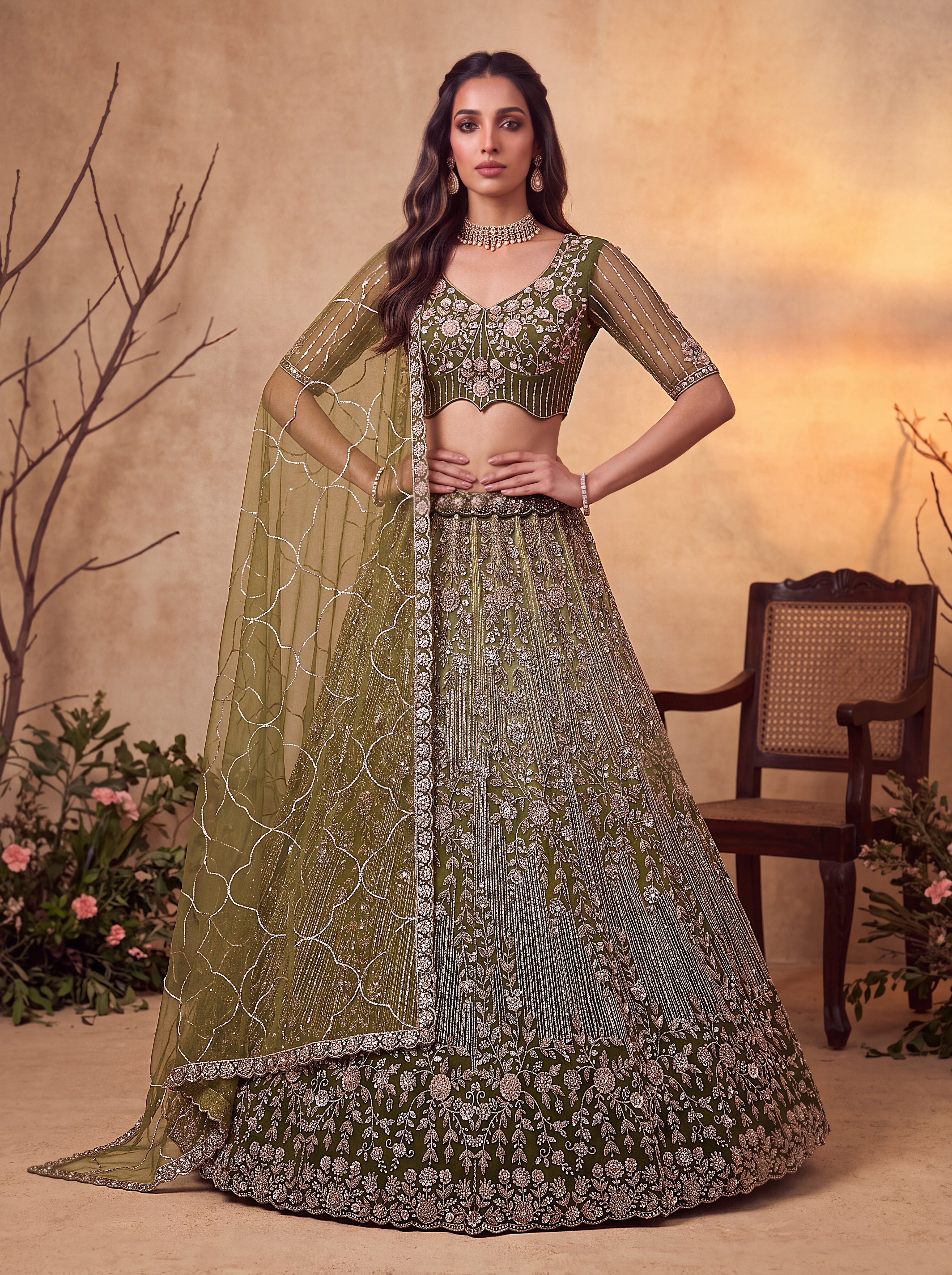 Olive Green Beads Embroidered Lehenga