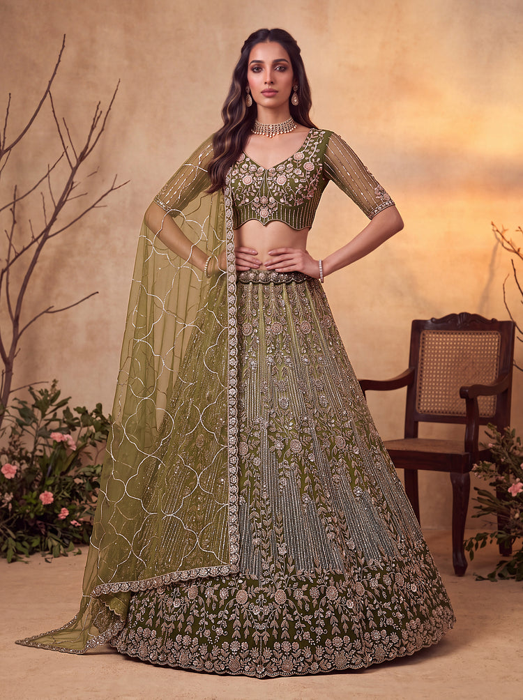 Olive Green Beads Embroidered Lehenga