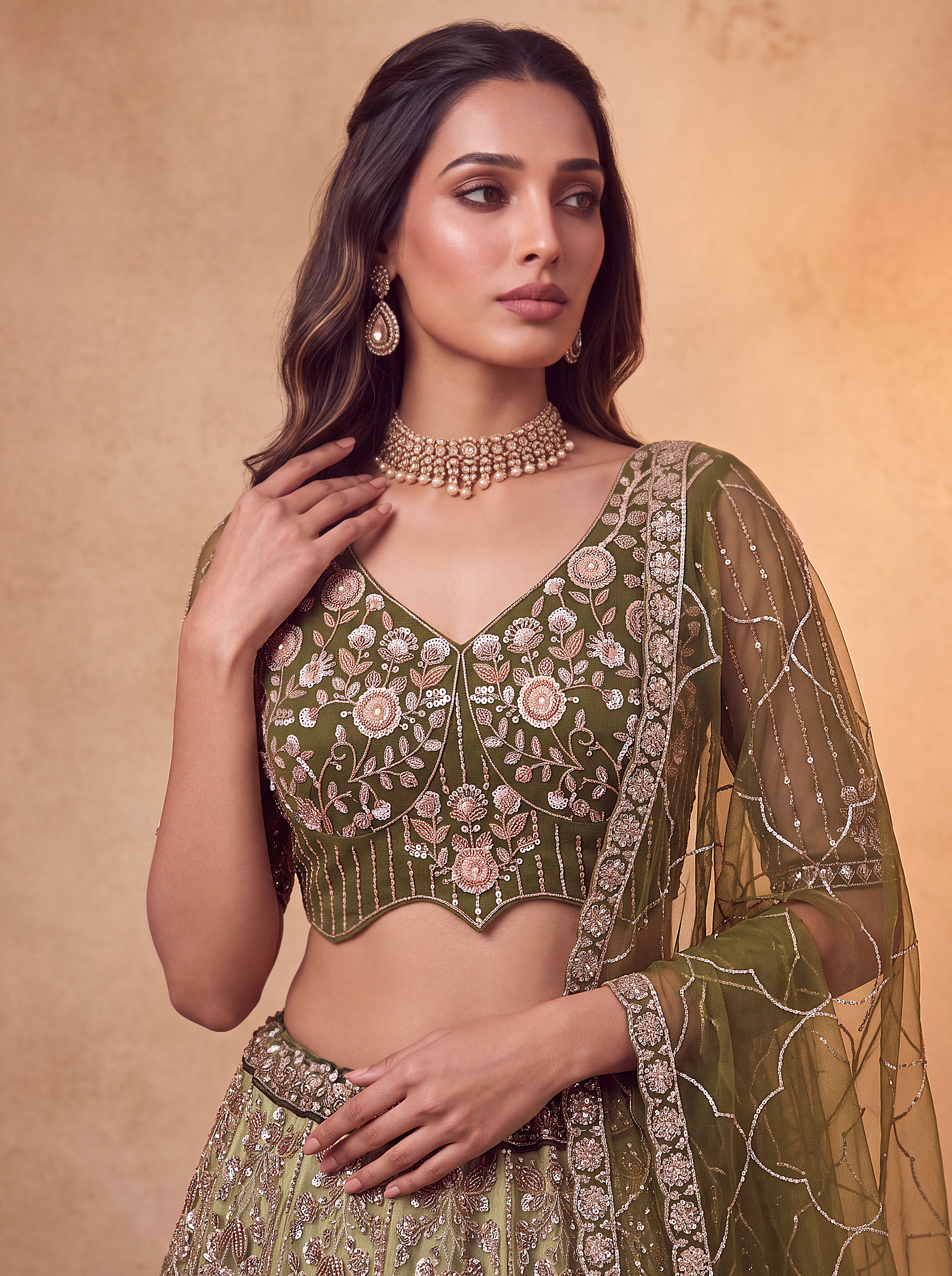 Olive Green Beads Embroidered Lehenga