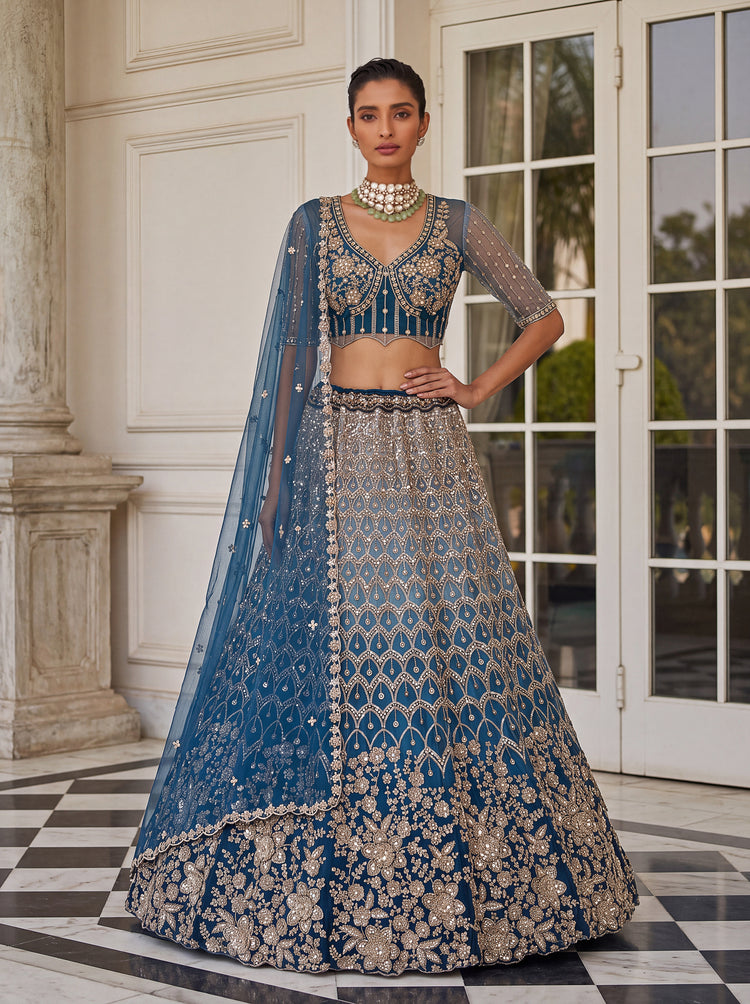 Navy Blue Lehenga with Premium Net Embroidered Choli and Dupatta
