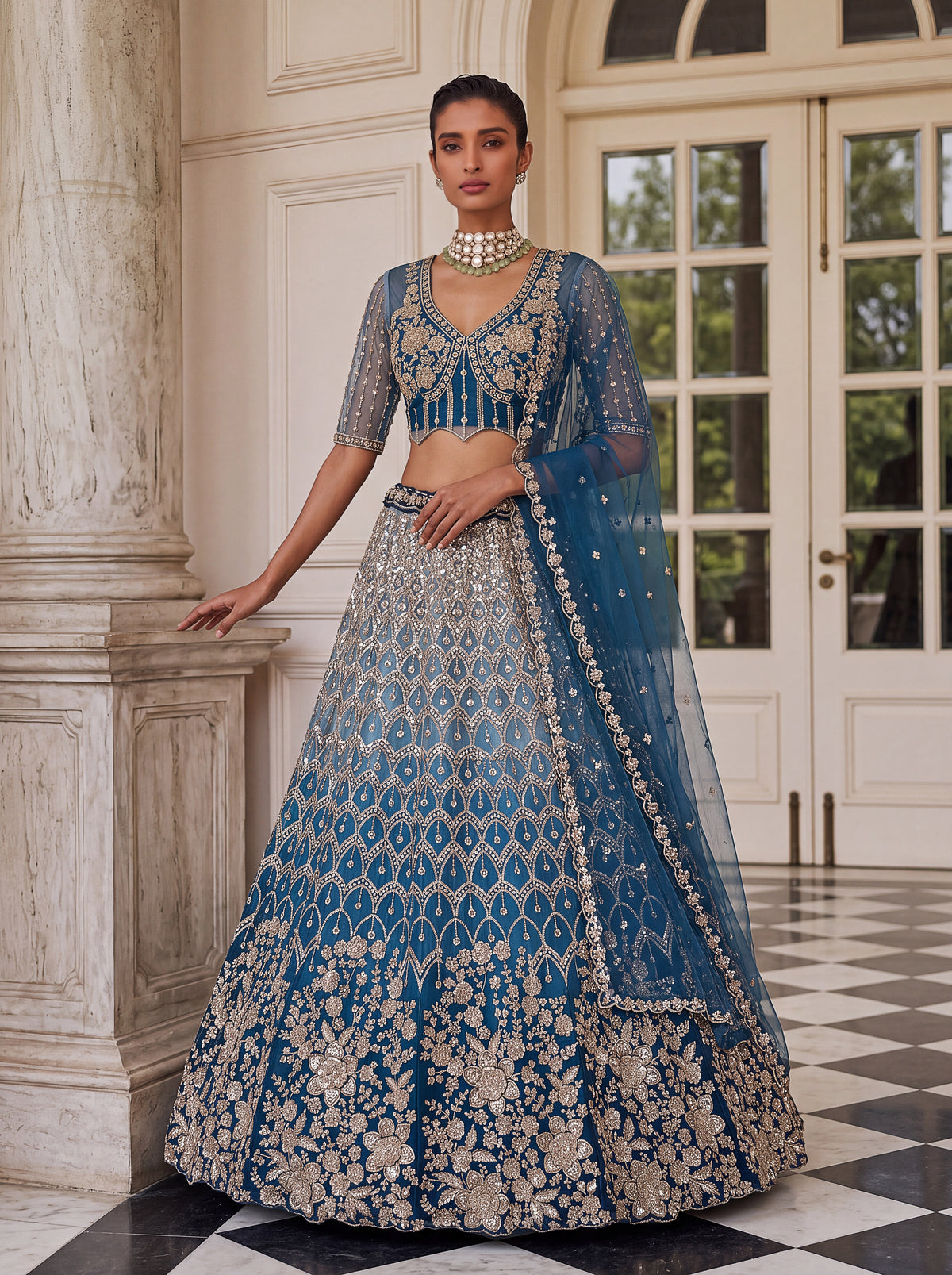 Navy Blue Premium Net Lehenga Choli with Beadwork and Sequins, photo 3
