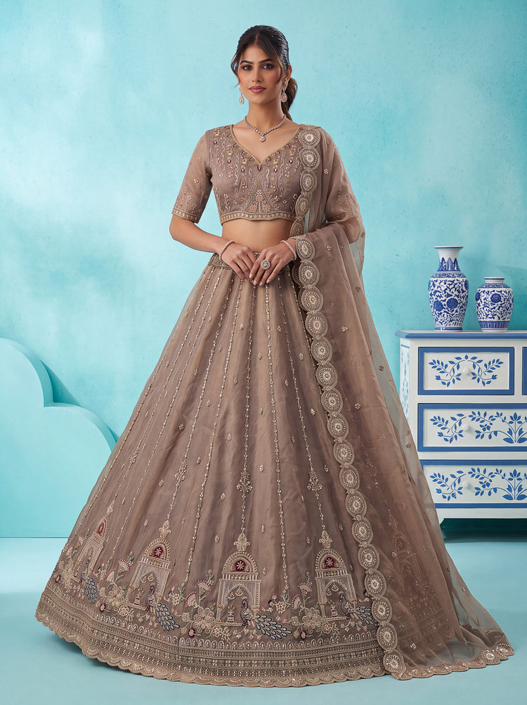The Mayura Mocha Taupe Peacock Lehenga Choli