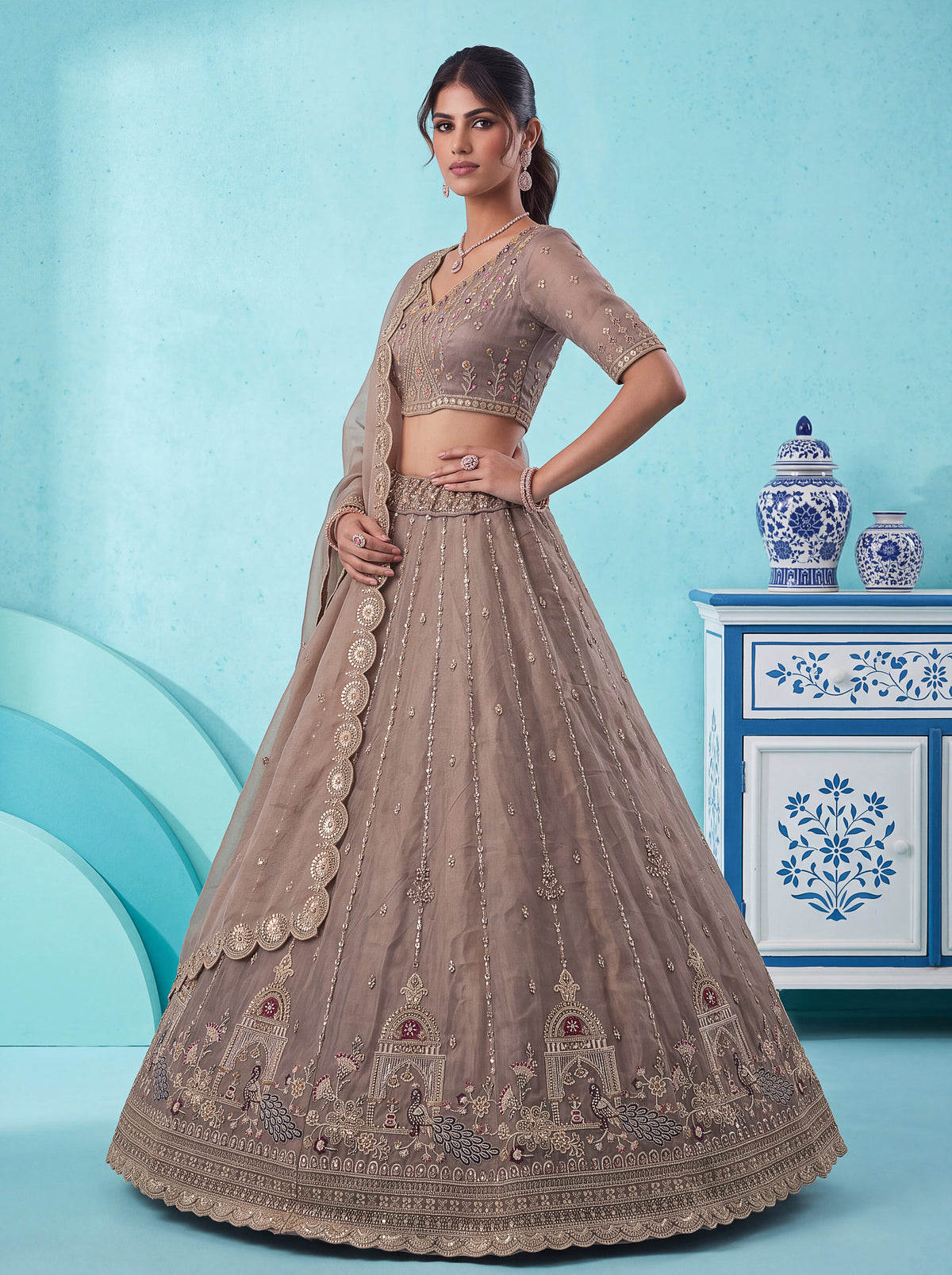 The Mayura Mocha Taupe Peacock Lehenga Choli, photo 2