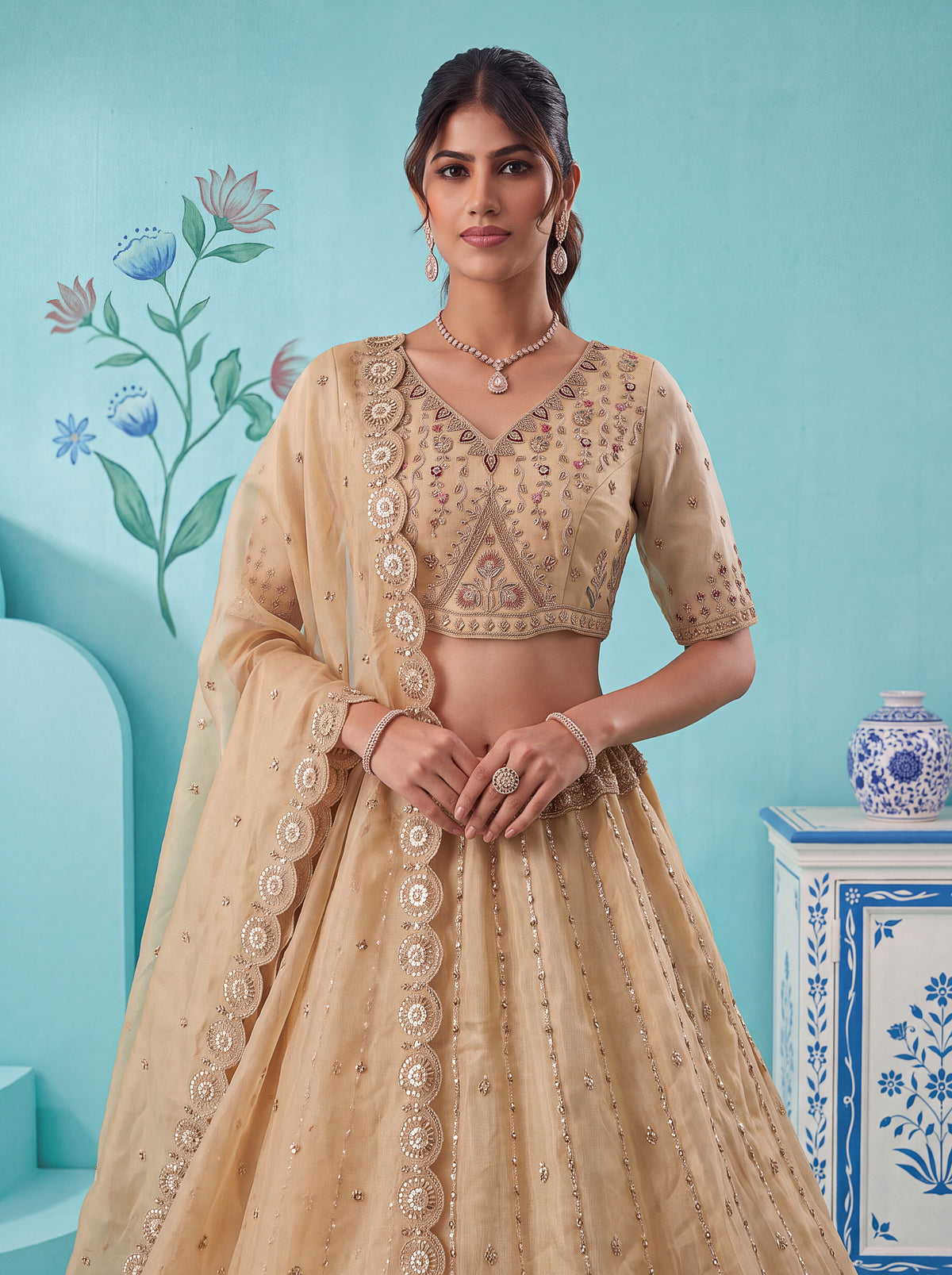 The Mayura Champagne Beige Peacock Lehenga Choli, photo 5
