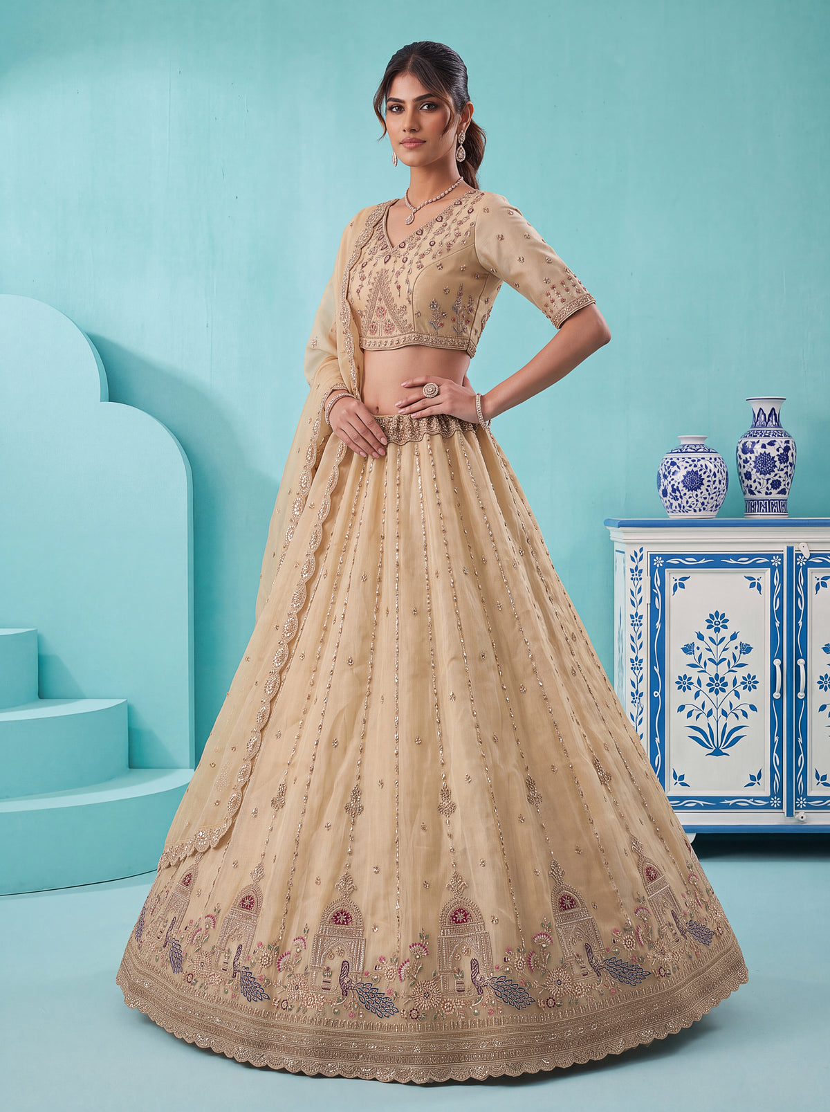 The Mayura Champagne Beige Peacock Lehenga Choli, photo 3