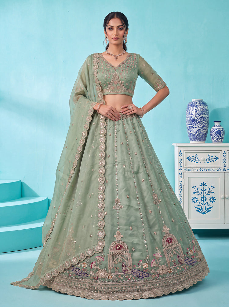 The Mayura Sage Green Peacock Lehenga Choli