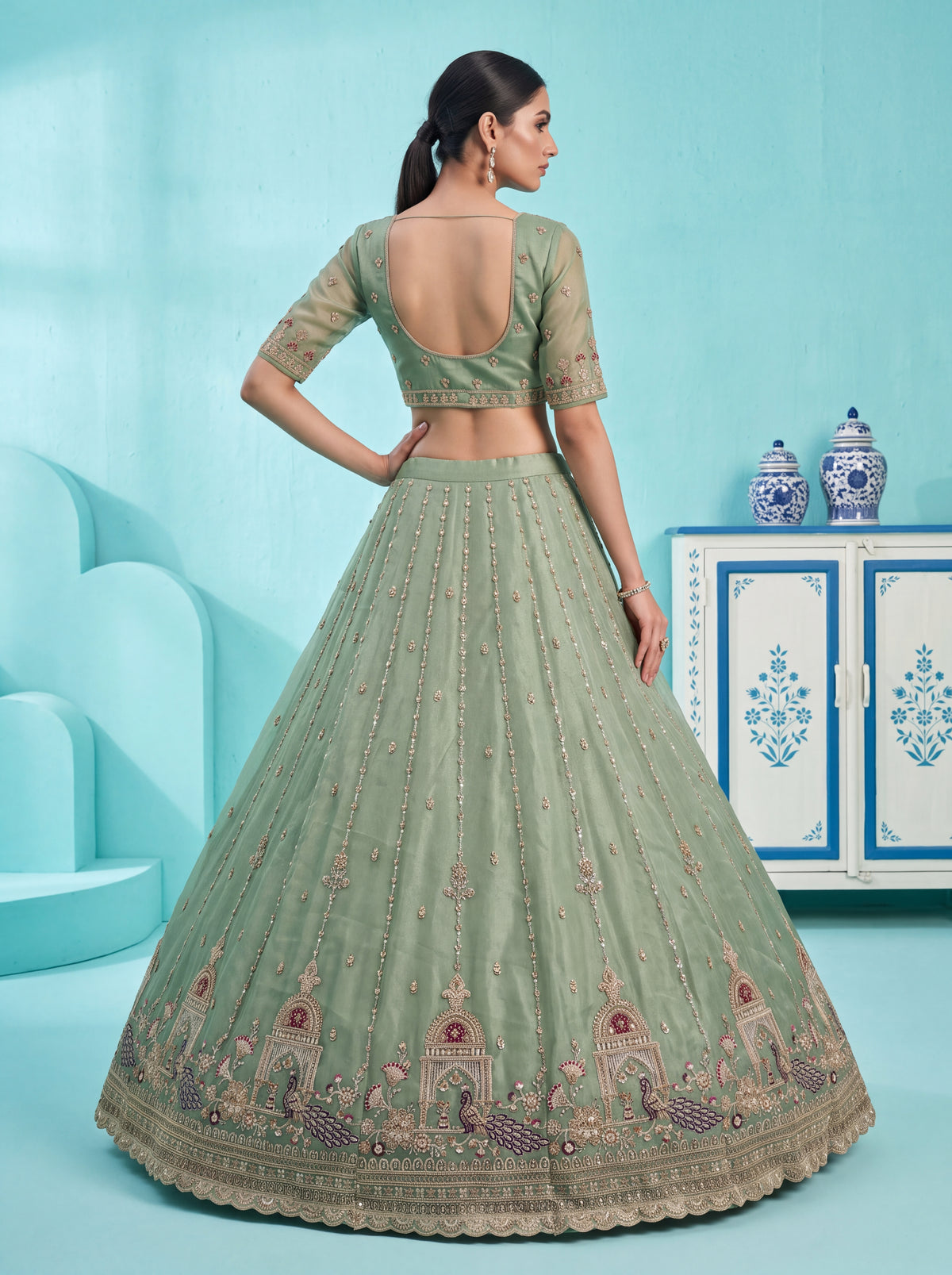 The Mayura Sage Green Peacock Lehenga Choli, photo 2