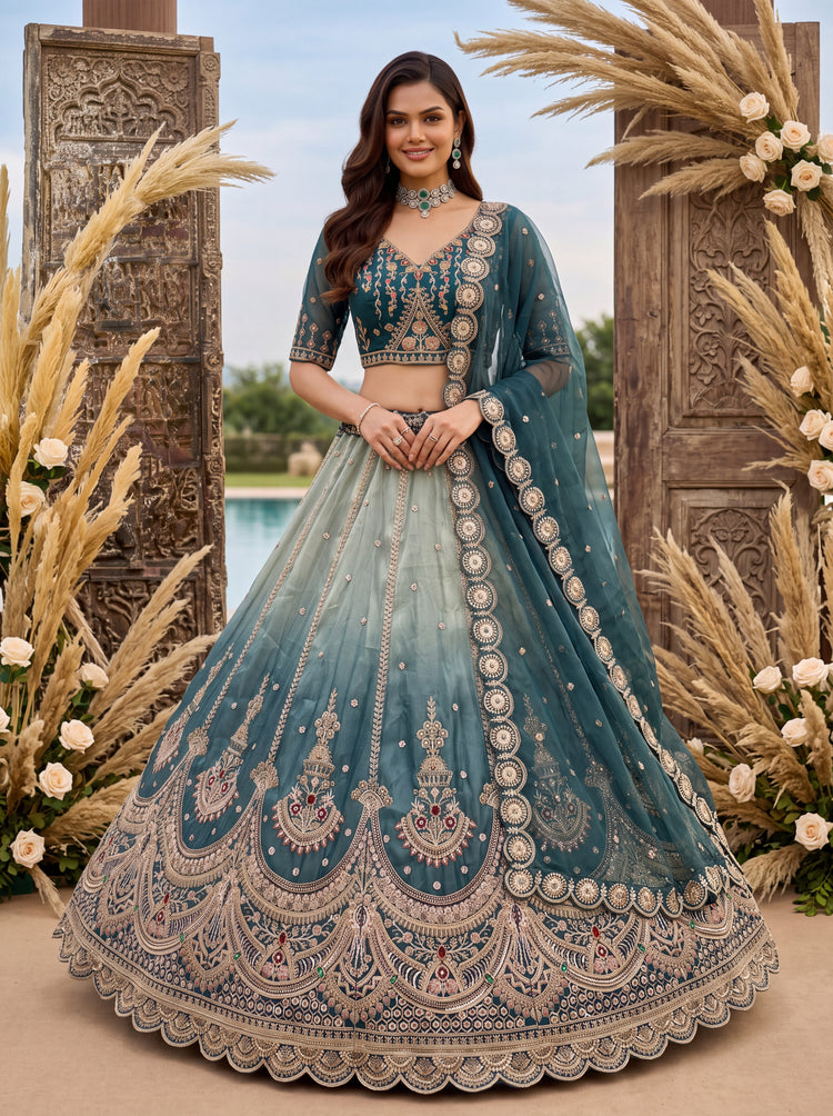 Astonishing Art of Work Shaded Chandni Silk Designer Lehenga Choli