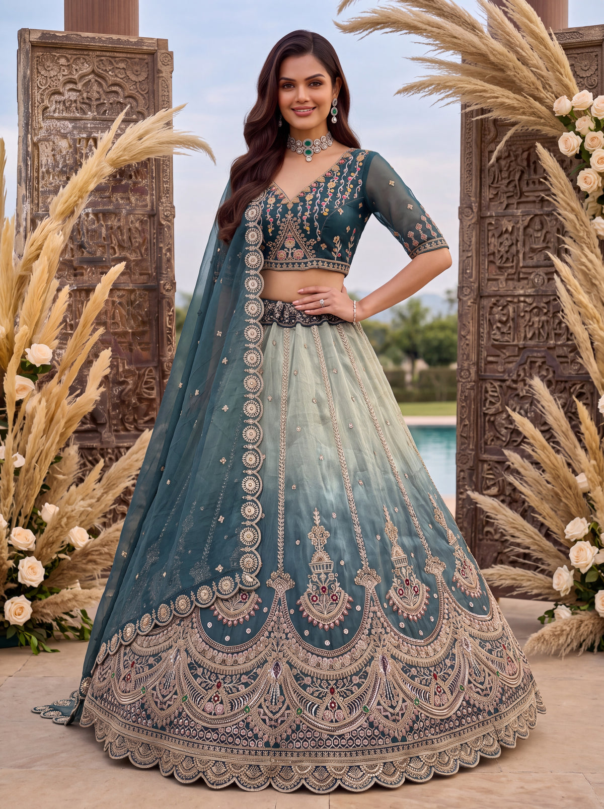 Astonishing Art of Work Shaded Chandni Silk Designer Lehenga Choli