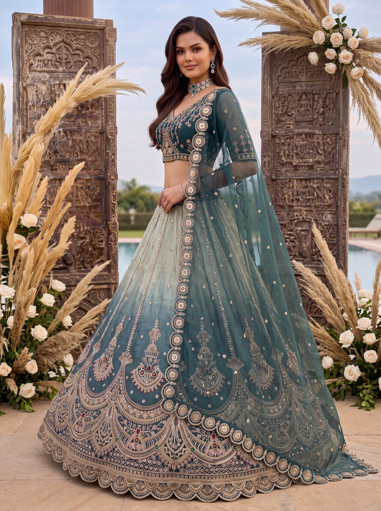 Astonishing Art of Work Shaded Chandni Silk Designer Lehenga Choli